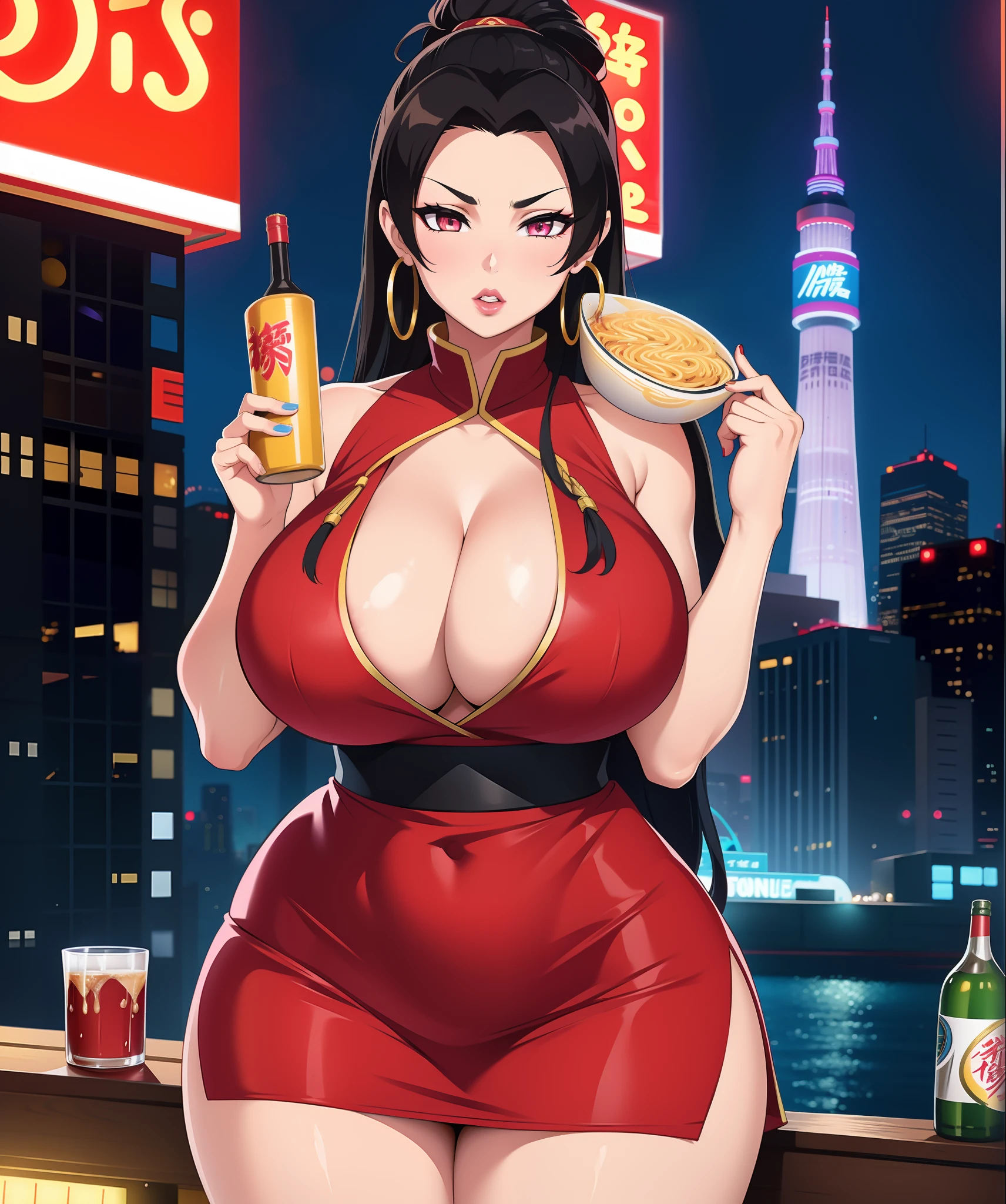 1girl, azula from avatar the last airbender,(((bimbo))),hoop earrings, puffy lips, painted lips, thick lips.
, wide hips, thick thighs, bursting breasts Nightlife, Night city, Cyberpunk city, futuristic cityscape. Neon lights, (skyscraper:1.1), Tokyo tower, palm tree, cloth sign, ramen stall, night club. bright city lights, exotic car. alcohol, bar, ramen, soup stall ,alcohol bottles, flashing her tits, see through clothes