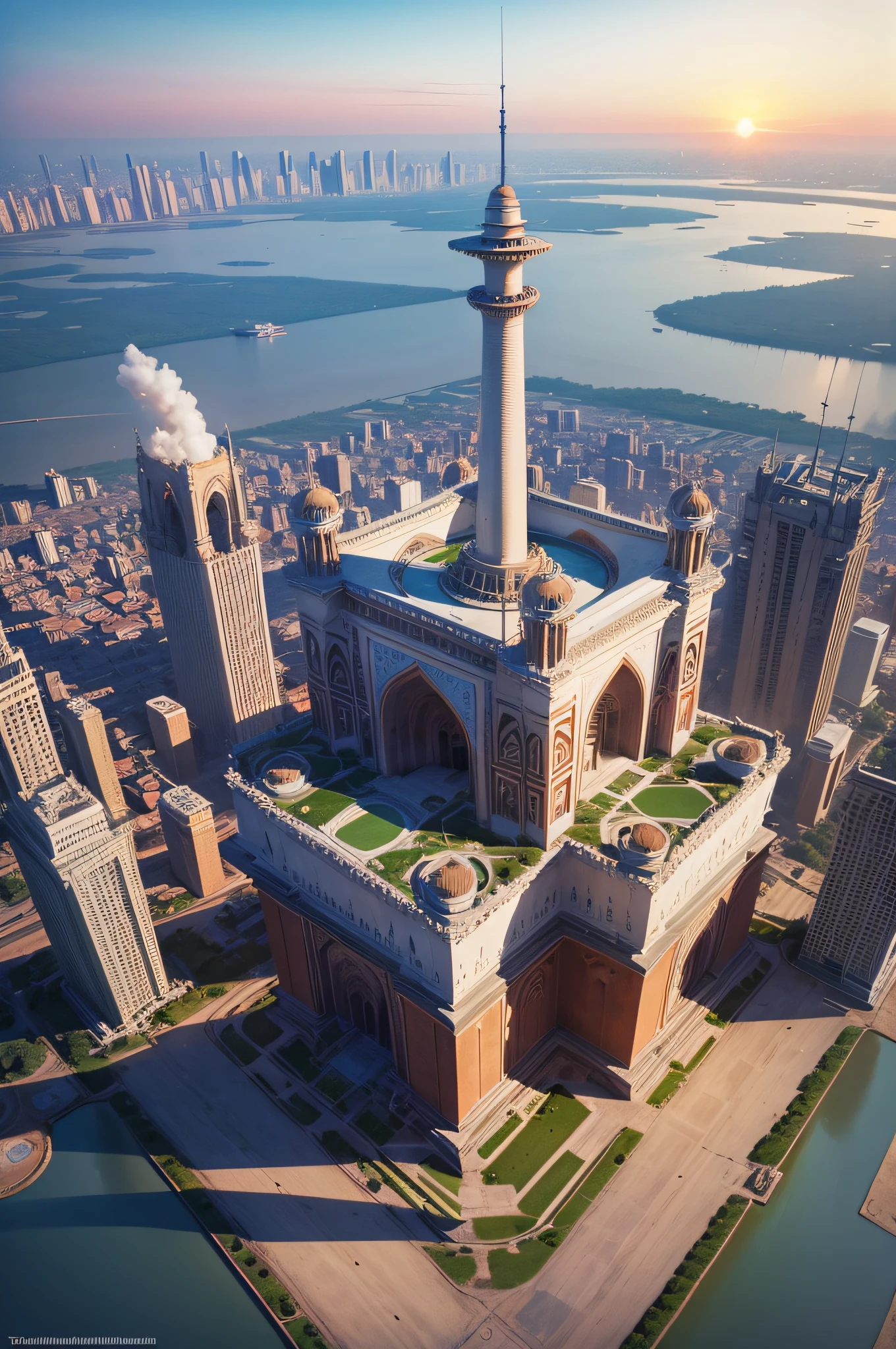 A super technological city with tall buildings, Indian buildings, flying cars in the sky in the background, blue skies, View from above, Ultra realista, por do sol, tajmahal