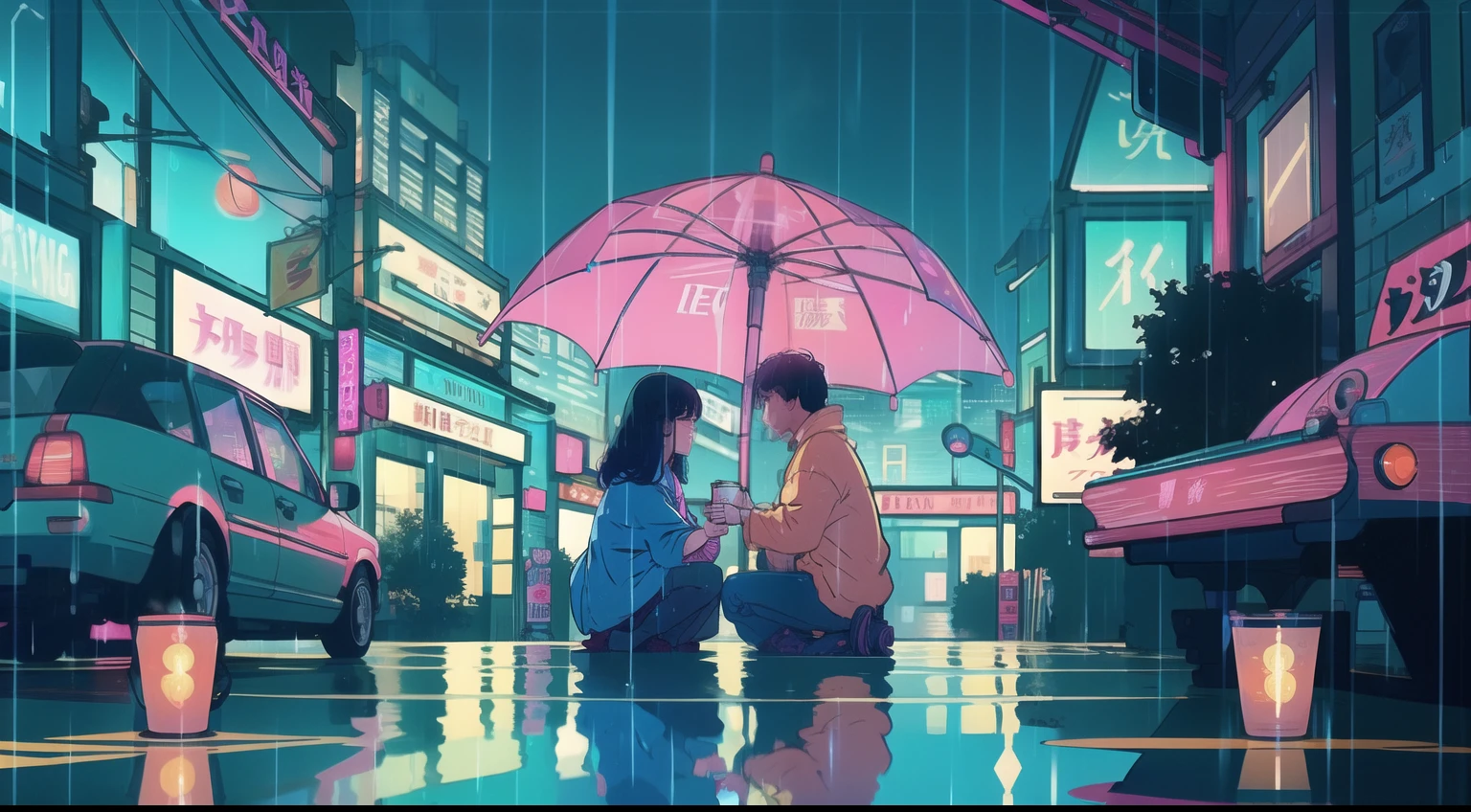 Rain-soaked street, Colorful umbrellas dot the cityscape with blue and pink splashes. Neon sign in retro style、Reflection of wet pavement, Establishment of the Lower Urban Symphony. Soft piano melodies set the mood, Evokes a calm and meditative atmosphere. a person々Flock to a cozy café, While the rain is dancing outside、Drink hot drinks, Turn the city into a serene lofi,motor bikes,A city scape,nighttime scene