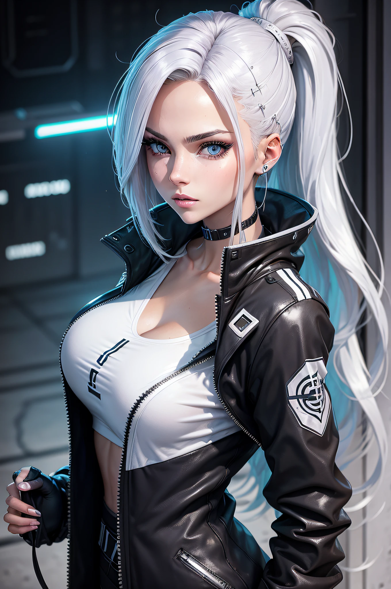 Female in her 20s, Front view, ultra realistic concept art, blueish grey hair, Naked nude , Large screen with full-body view, movie light, Stick out your chest, Spread your legs slightly apart, sexy smile, Chest pov, (Angle from above:0.5), leather jacket