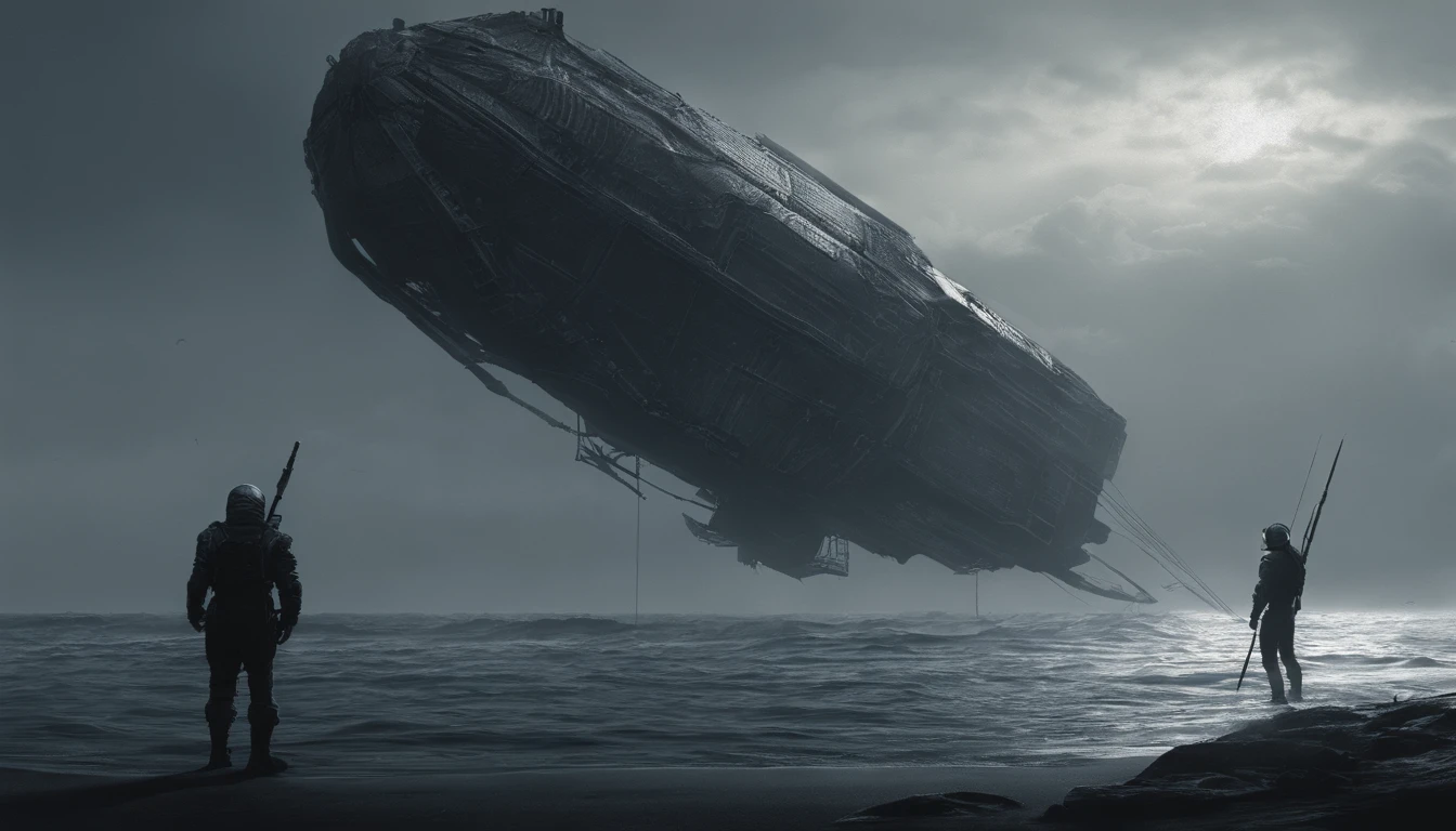 Ugly alien monsters, Body shape huge, standing in ocean, tosen, There is a small fishing boat around, A grand spectacle, Oppressive atmosphere, surrealism, Chiaroscuro, Cinematic lighting, Wide shot, Masterpiece, ccurate, Anatomically correct, Super detail, High details, Best quality