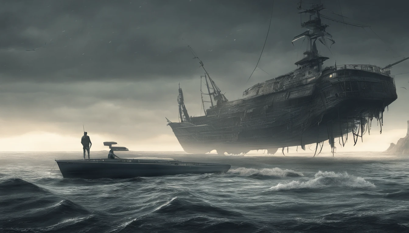 Ugly alien monsters, Body shape huge, standing in ocean, tosen, There is a small fishing boat around, A grand spectacle, Oppressive atmosphere, surrealism, Chiaroscuro, Cinematic lighting, Wide shot, Masterpiece, ccurate, Anatomically correct, Super detail, High details, Best quality
