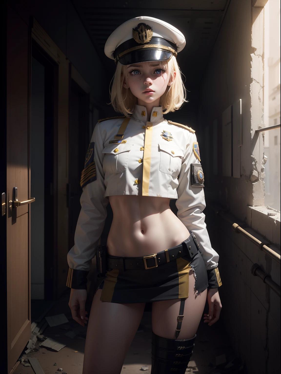 Destroyed towns,3 Ukrainian girls , Ukrainian anime girls , , Ukraine ,  Full body composition of young girl with messy bright blonde hair, eye make up, ,  Soft lighting, Solo, Old torn dirty shabby futuristic military uniform, badges, Pose, Blotch color, Octane Render, Hyperrealistic intricate detail, Cinematic, 8K resolution, 70mm, Accent Lighting, Global Illumination, Full body portrait, clean detailed faces, a short bob,intricate clothing, Cute face, flat chest, Slim waist, Slim legs, small hips,Caucasian officer's suit,White Officer's Cap,