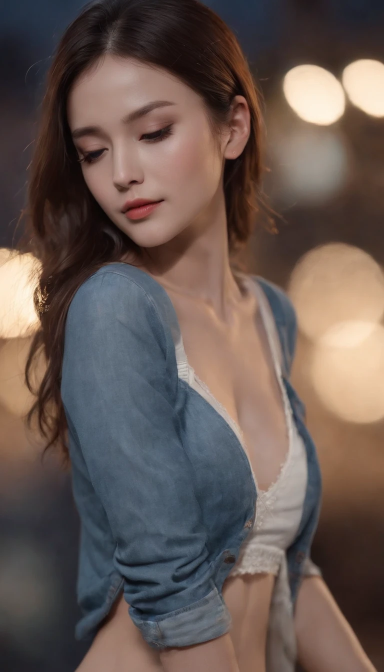 ((midynight, Need, 8k, tmasterpiece:1.3)), full bodyesbian, Long legs, Focalors:1.2, perfect figure beautiful woman:1.4, Slim abs:1.1, ((Dark brown hair, huge tit:1.2 )), (white tight t-shirt, Denim suspenders, standing on your feet:1.2), ((city night scene, the roof:1.3)), Highly detailed facial and skin texture, 詳細な目, 二重まぶた,Sad,Ask for comfort