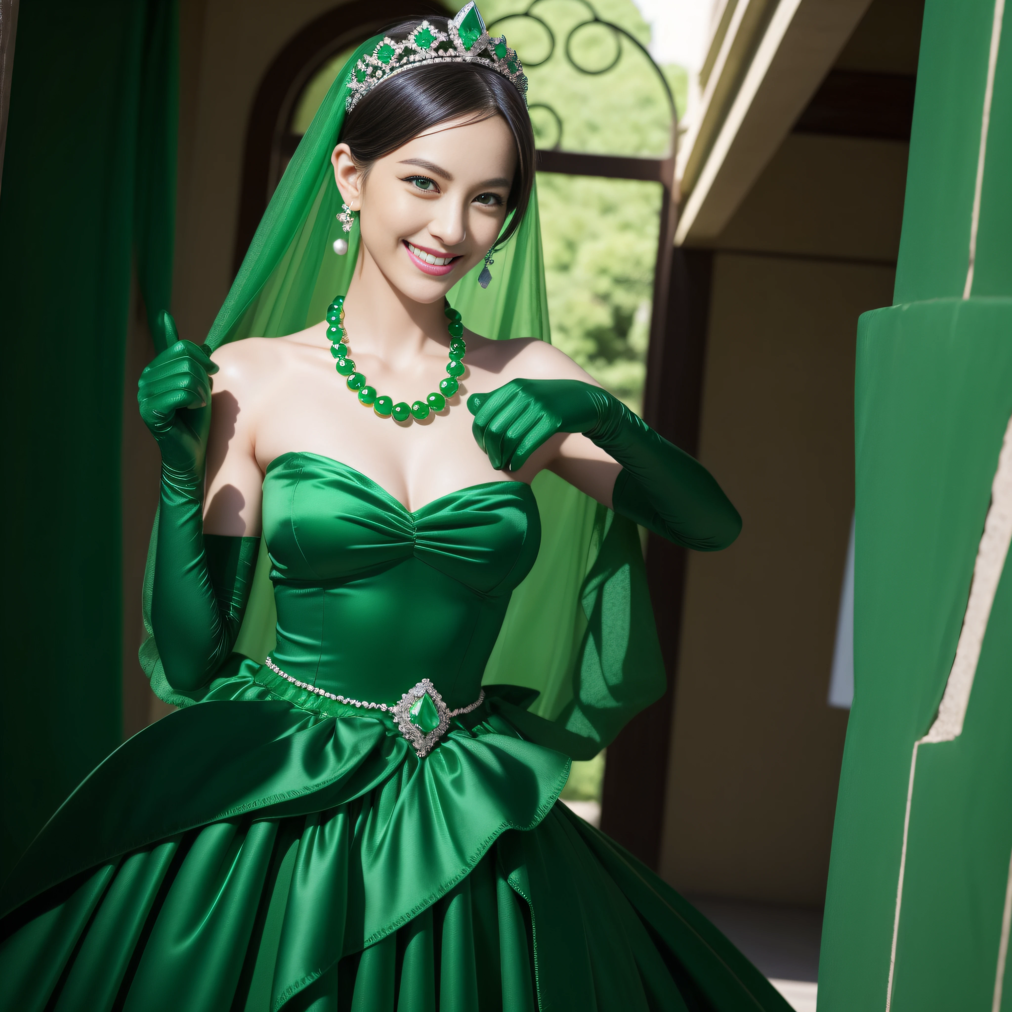 emerald tiara, Green Pearl Necklace, Boyish very short green hair, lipsticks, Japan woman smiling, very short short hair, fist, big breasts beautiful, Green eyes, Long green gloves made of satin material, Green eyes, Emerald Earrings