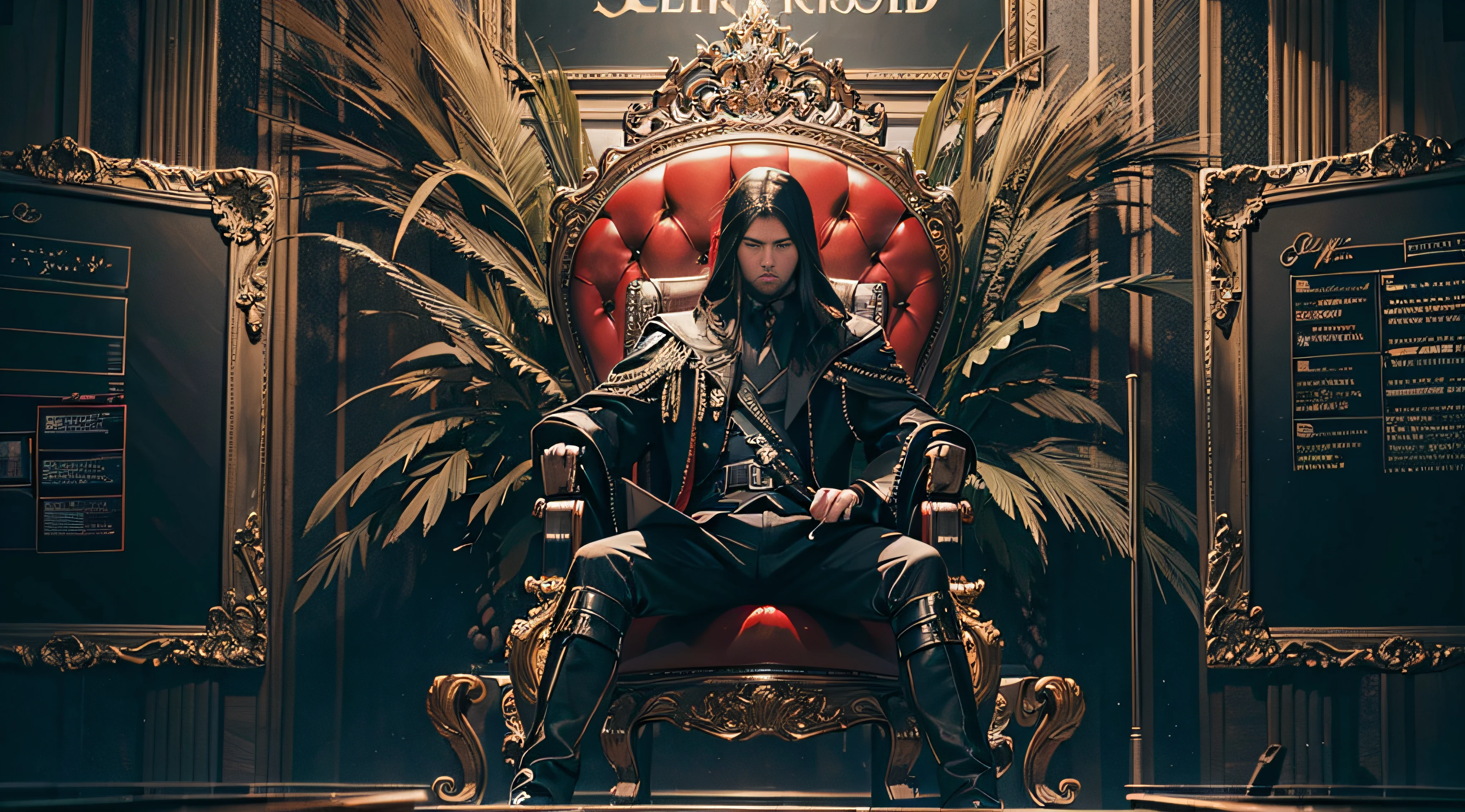 Man sitting on throne in front of luxurious blackboard in school classroom cyberpunked 8K Dutch Angle shine, detaileds bilaterally symmetrical