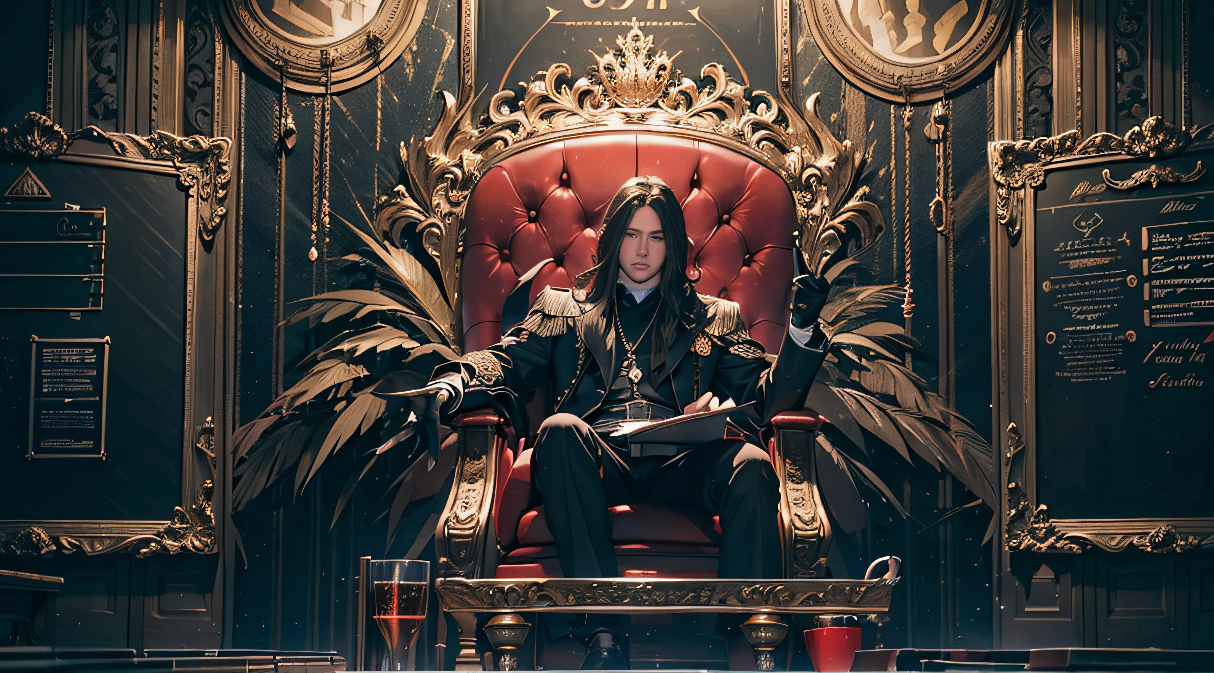 Man sitting on throne in front of luxurious blackboard in school classroom cyberpunked 8K Dutch Angle shine, detaileds bilaterally symmetrical