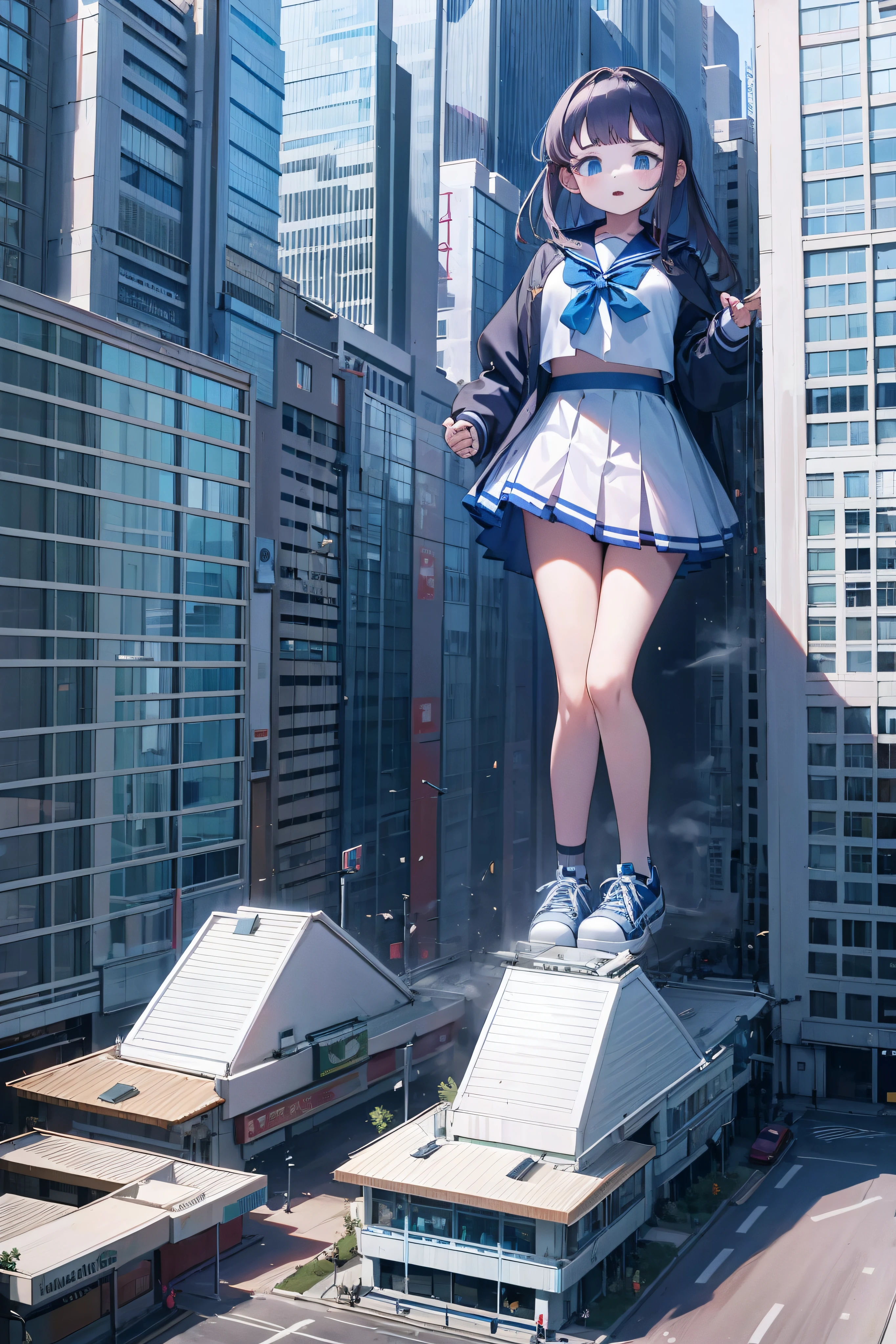 Huge age girl in sneakers,A girl taller than a building,a sailor suit,short skirt,Squatting maiden