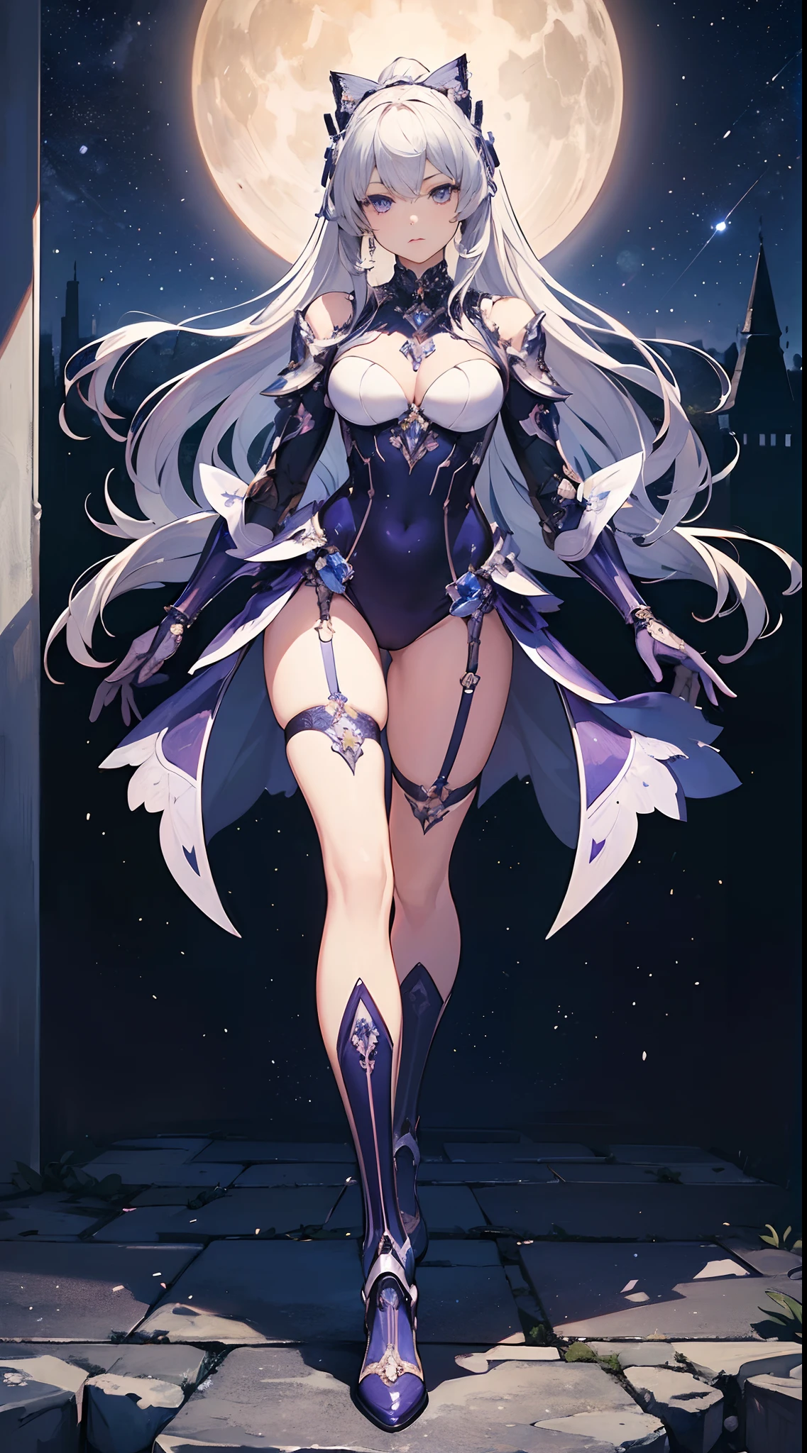 ((masterpiece)), ((best quality)), (ultra-detailed), ((extremely detailed)), 4K, (8K), best quality, (beautiful), illustration, full body, full body focus, Starry sky, a pretty woman, solo, robot suit, robot, beautiful silver hair, beautiful purple eyes, ((beautiful eyes)), ponytail, cool