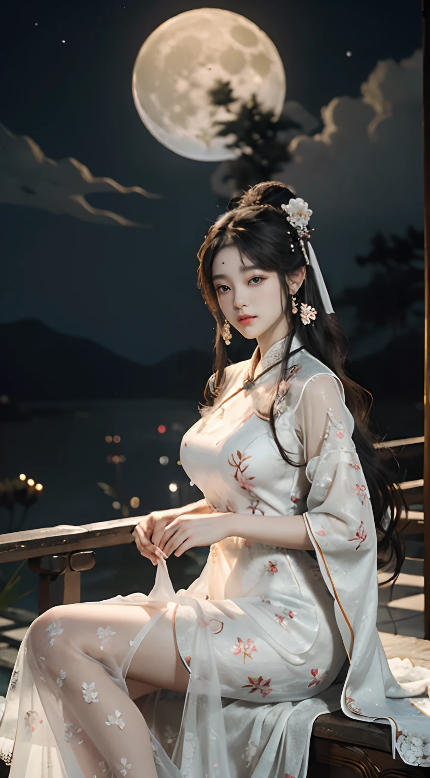 Chang'e，(((Hanfu)))，(((period costume)))，(((White gauze dress)))，(((Huge Moon)))，Rabbit ears，Skysky，Sit Pose，Top CG，Highest image quality，tmasterpiece，Delicate and delicate beautiful girl，(Tall and tall)，Royal Sister，Queen temperament，with fair skin，(((long leges)))，Perfect facial features，Bright eyes，Enchanting pose，Red lips，Beautiful and cold，(Big breasts),Beautiful and handsome，Long black silky hair，glittery，Skin is visible through see-through，(((Floral dress)))，8K quality，(Realistic portraits)，Characters fill the frame，((Face lighting)),