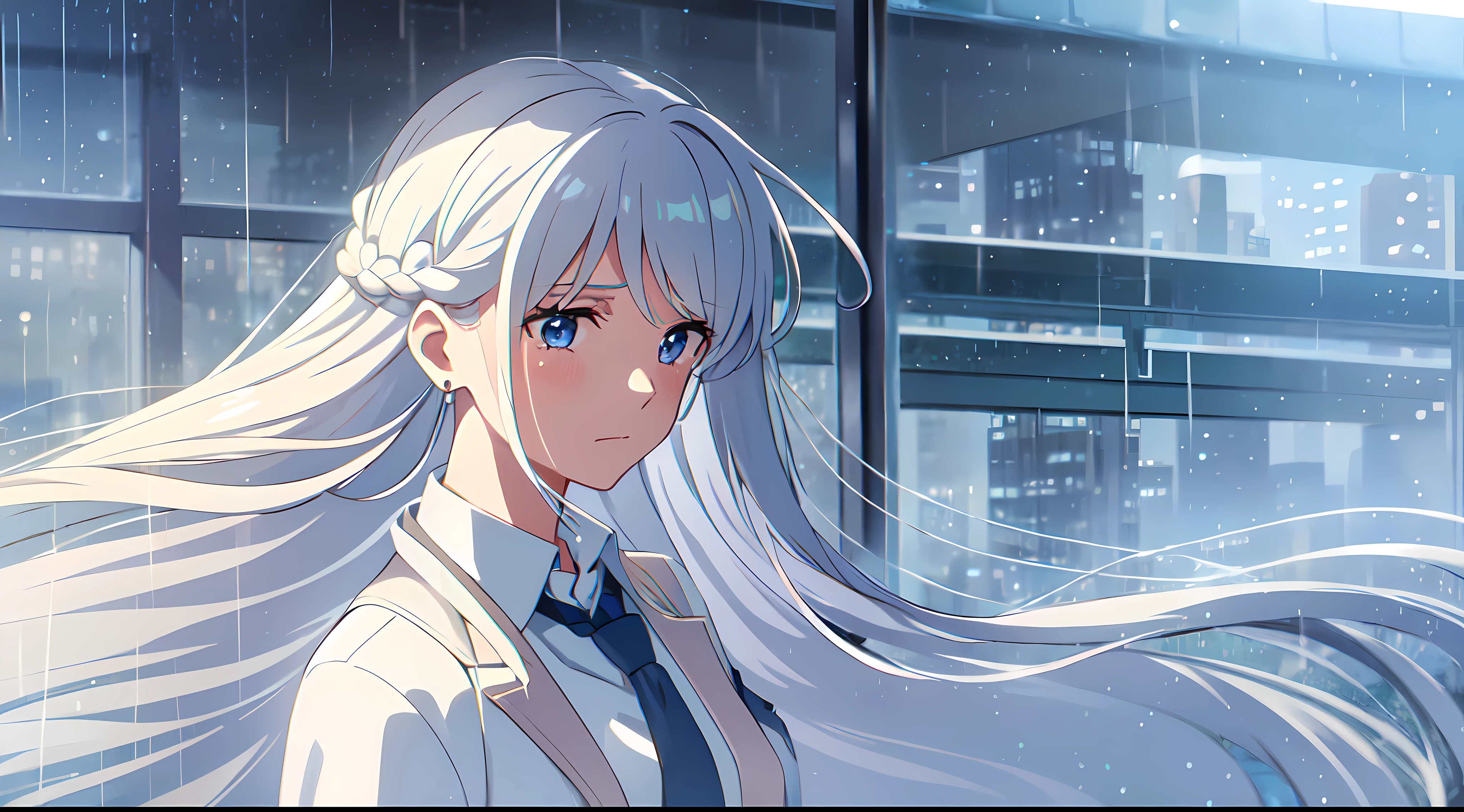 masterpiece, best quality, 1girl, solo, very long hair, white hair braided, blowing hair, earrings, crying, light blue eyes, sky, rain, transparent white shirt, blue necktie, sacks on chest, wet, close up, look at viewer, city