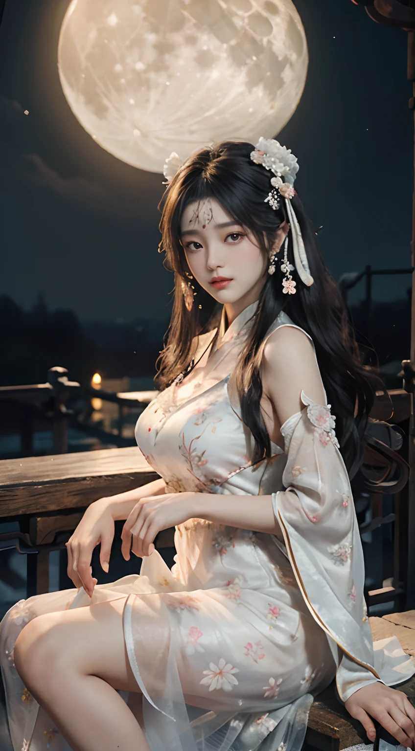 masterpiece, best quality, high resolution(from outside), Many colors,best quality,8k,real picture,Fine skin details,tmasterpiece,Realistic photos,intricate details,original photo,in the garden,Smile,Floral fragrance,Gorgeous cheongsam,extra long hair,take off shoulders,delicate face,Exposing cleavage,decorate,perfect fingers,anatomically correct,(Huge room,0.8),plump butt,shiny skin,Under the moonlight,complex background, Expressed by octane number