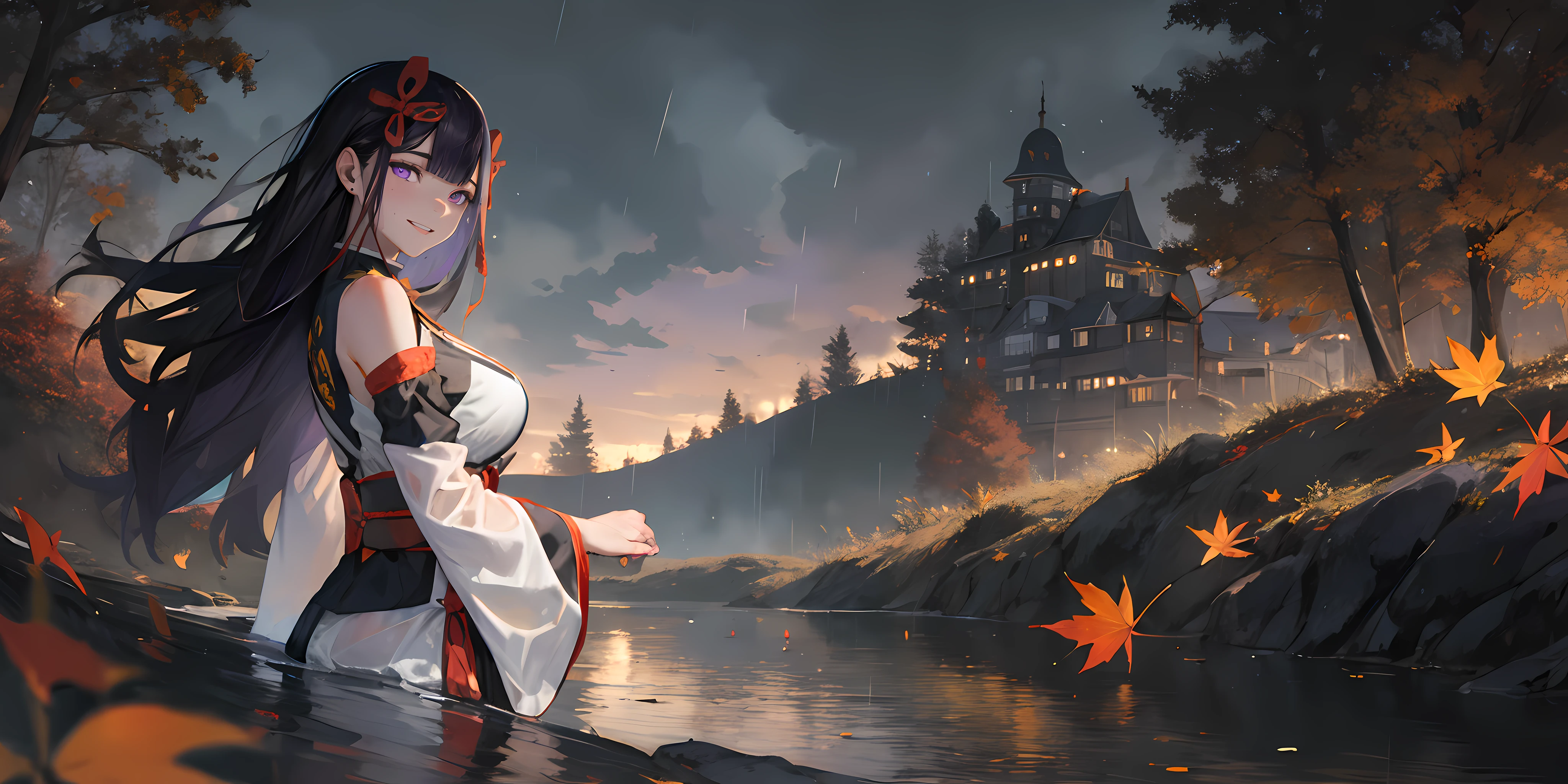 yamashiro768, (black hair, long hair, purple eyes:1.4), hair ornament, autumn_leaves, maple_leaf, 1girl, leaf, autumn, falling_leaves, long_hair, solo, wet, detached_sleeves, black_hair, outdoors, see-through, wet_clothes, breasts, sky, night, holding_leaf, water, looking_at_viewer, bare_shoulders, hair_ornament, smile, lake, cloud, sash, brown_eyes, large_breasts, wide_sleeves, bangs, parted_lips, very_long_hair, standing, dress, flower, rain, night_sky, obi, ripples, hair_between_eyes, looking_back, tree, wading, from_side, long_sleeves, holding, makeup