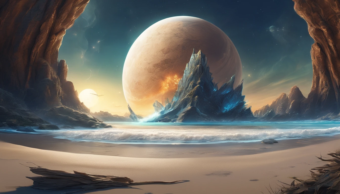 huge planet, the night, starrysky, surrealism, masutepiece, hight resolution、Impressive Milky Way:1.9、sand beach、Vast blue ocean、Blue glacier、lightning bolt:1.9