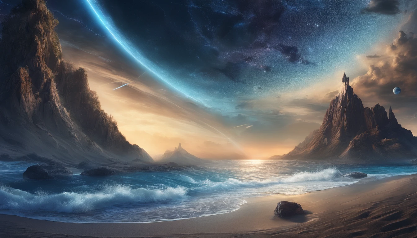 huge planet, the night, starrysky, surrealism, masutepiece, hight resolution、Impressive Milky Way:1.9、sand beach、Vast blue ocean、Blue glacier、lightning bolt:1.9