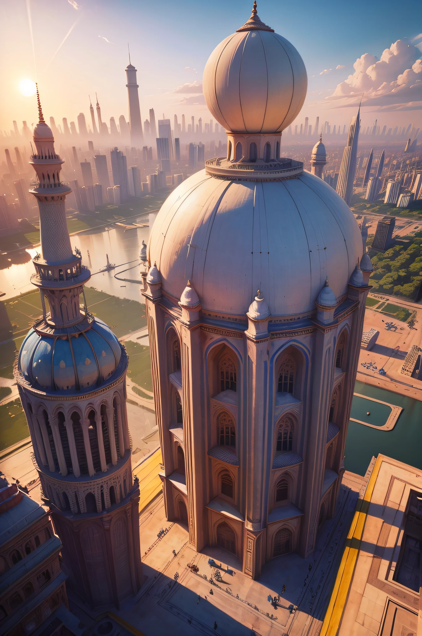 A super technological city with tall buildings, Indian buildings, flying cars in the sky in the background, blue skies, View from above, Ultra realista, por do sol, tajmahal, muitos detalhes