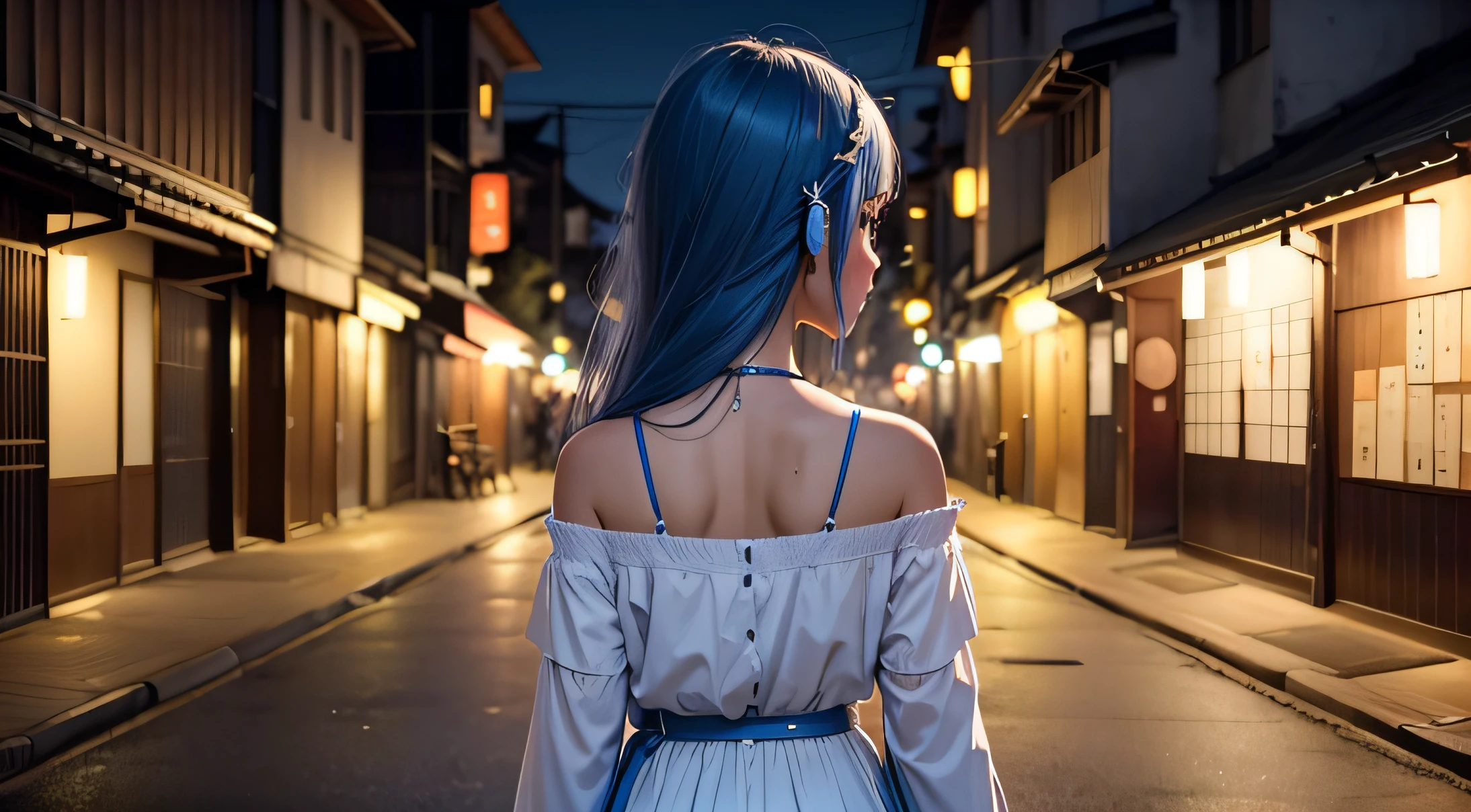 Desenhe uma jovem mulher de vestido tradicional, looking behind, longo cabelo azul, fundo cidade japonesa a noite, elementos musicais.