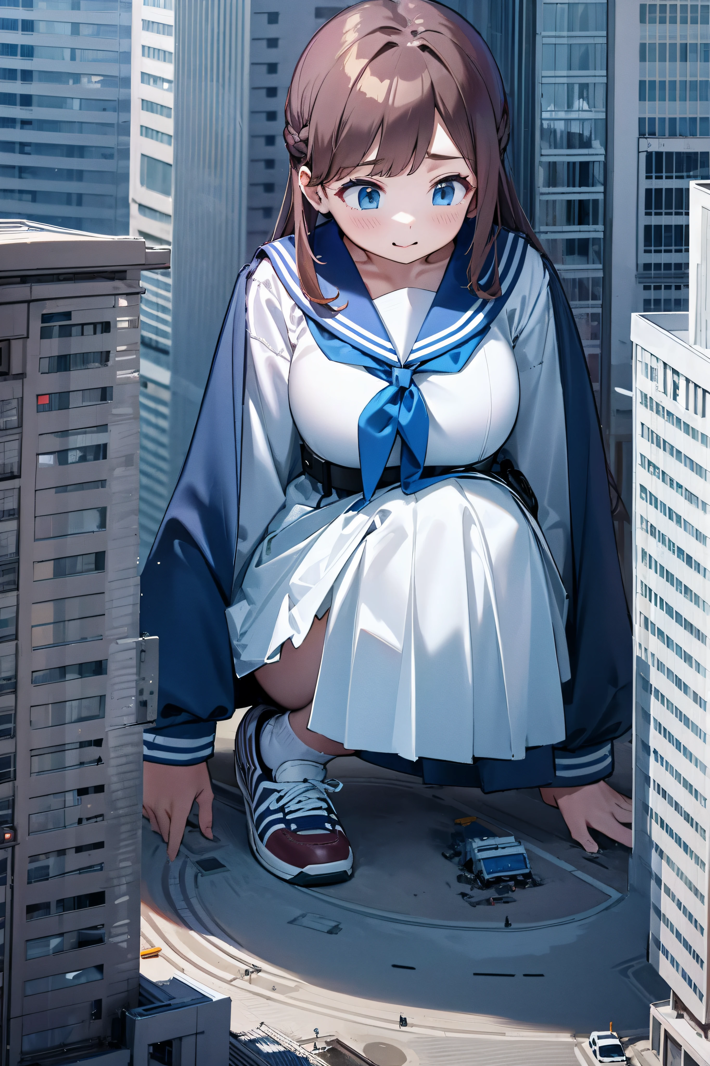 Huge teenage girl in sneakers，A girl taller than a building，a sailor suit，short  skirt,Squatting maiden