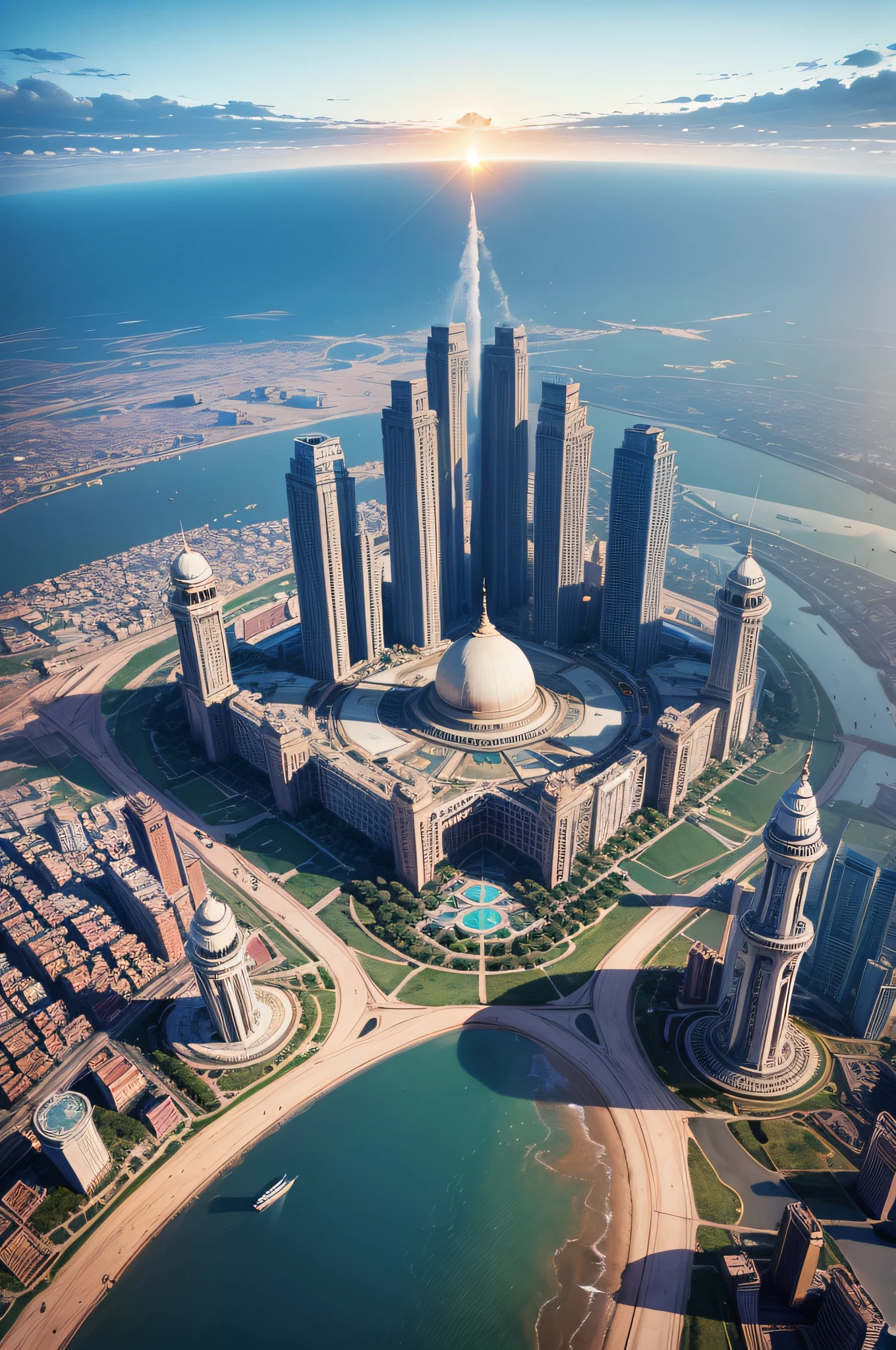 A super technological city with tall buildings, Indian buildings, flying cars in the sky in the background, blue skies, View from above, Ultra realista, por do sol, tajmahal, muitos detalhes