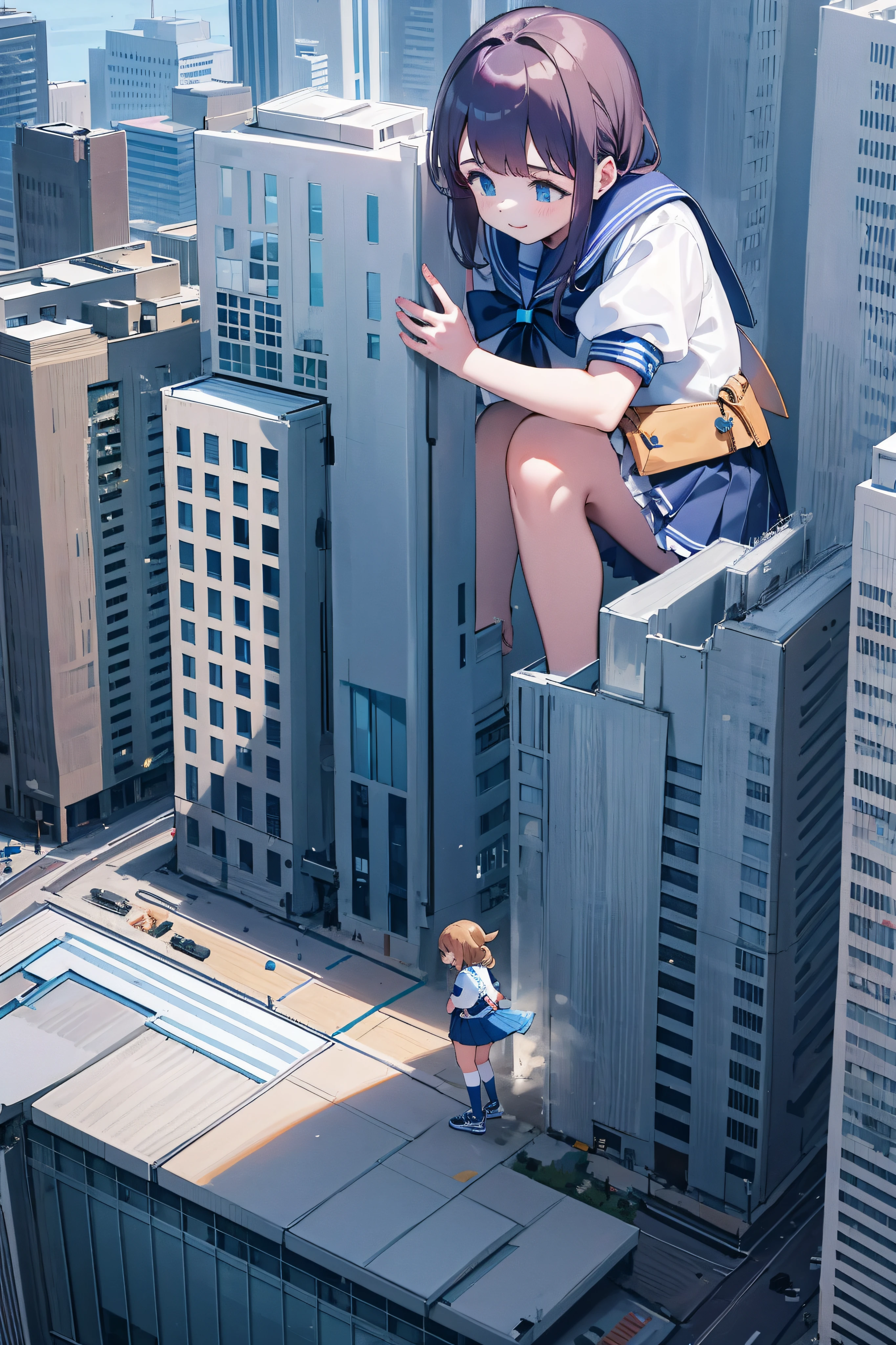 Huge teenage girl in sneakers，A girl taller than a building，a sailor suit，short  skirt,Squatting maiden