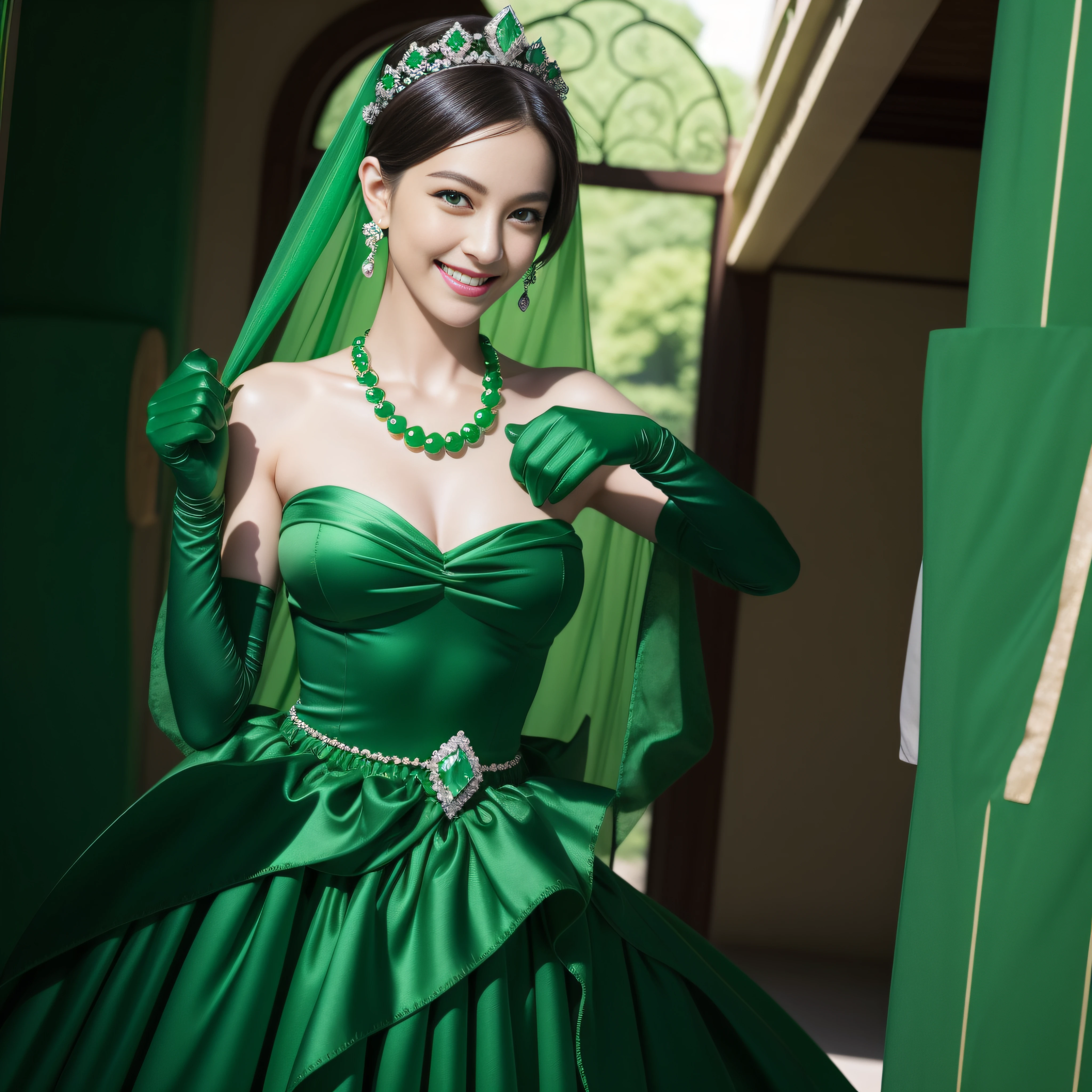 emerald tiara, Green Pearl Necklace, Boyish very short green hair, lipsticks, Japan woman smiling, very short short hair, fist, big breasts beautiful, Green eyes, Long green gloves made of satin material, Green eyes, Emerald Earrings