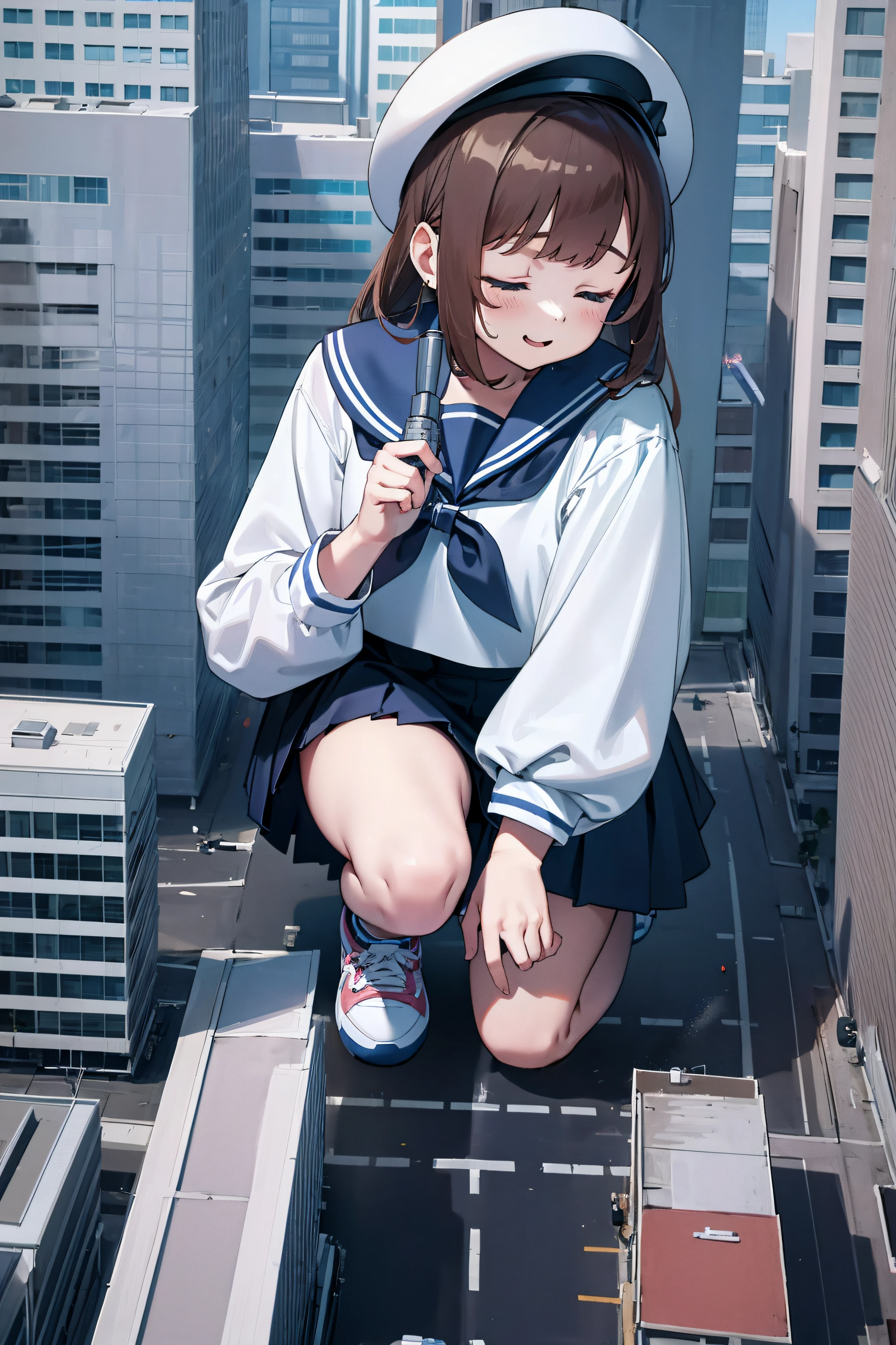 Huge teenage girl in sneakers，A girl taller than a building，a sailor suit，short  skirt,Squatting maiden