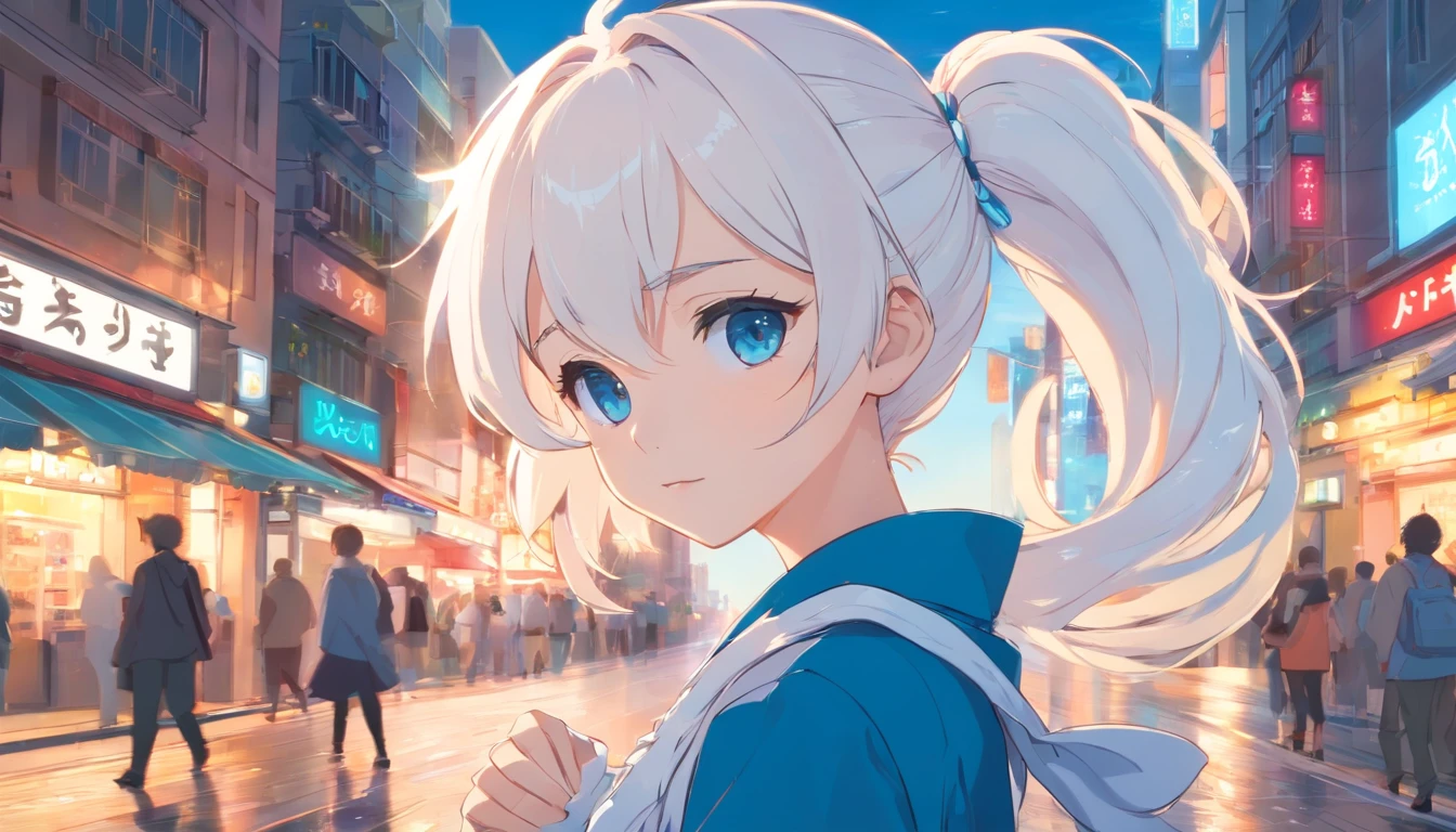 White color hair，Double ponytail curls，blue color eyes，White Lolita，Beth，A bustling city street