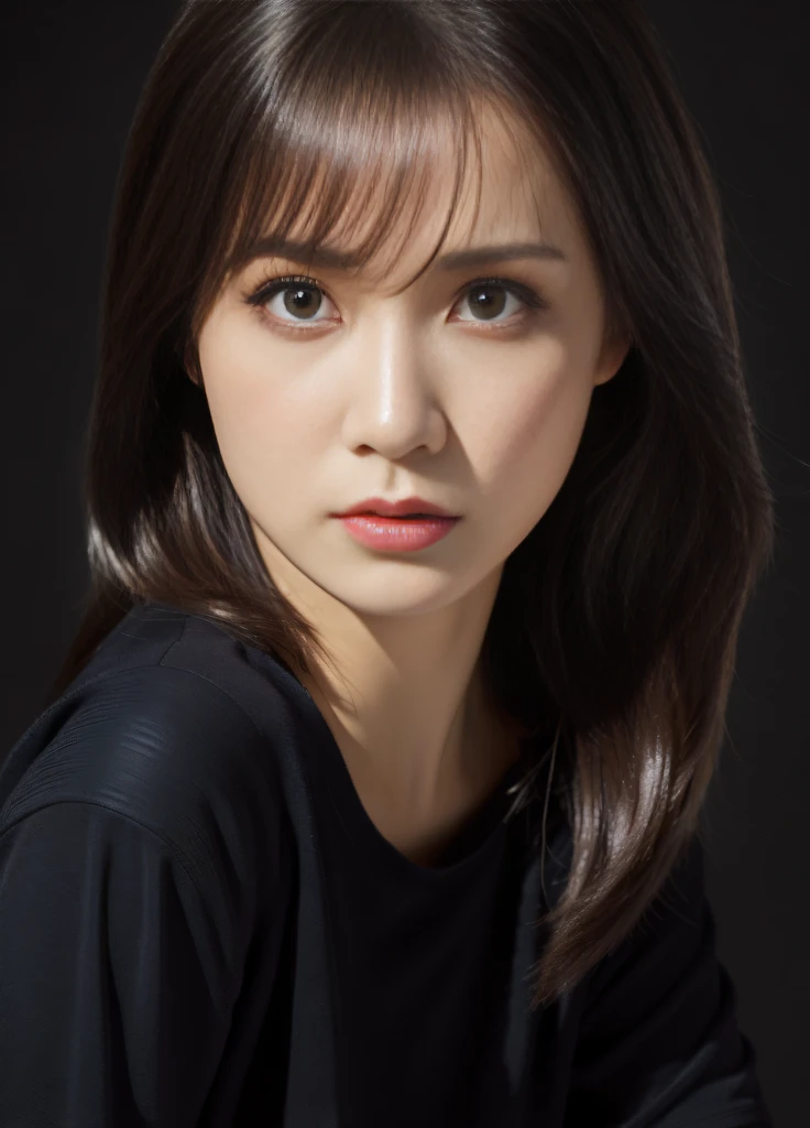 masterpiece,best quality, (one milf), ((portrait:1.5)), ((look down, looking at the viewer)), makeup, elegant black shirt, straight hair, ((seduction expression)),