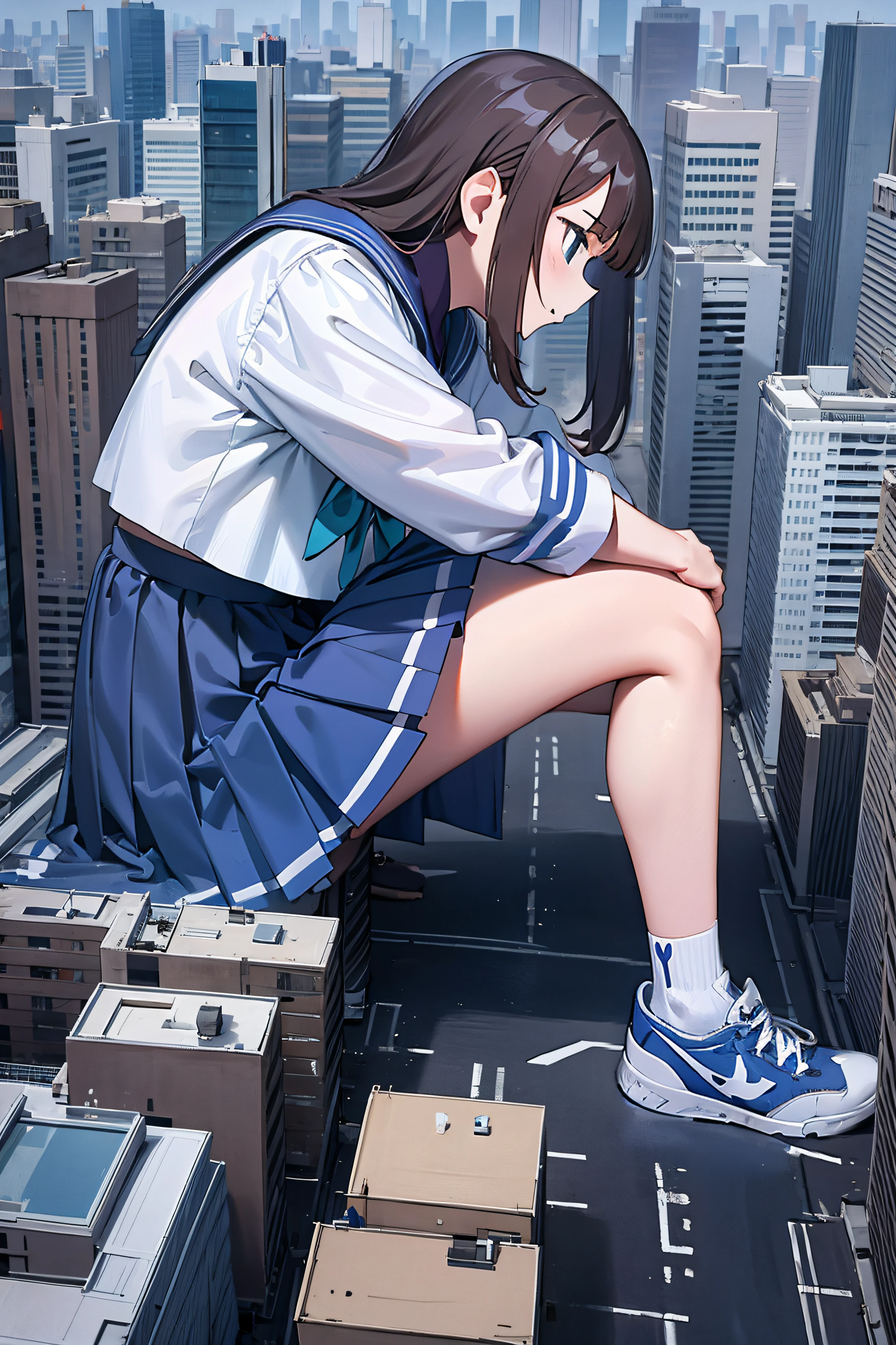 Huge teenage girl in sneakers，A girl taller than a building，a sailor suit，short  skirt,Squatting maiden