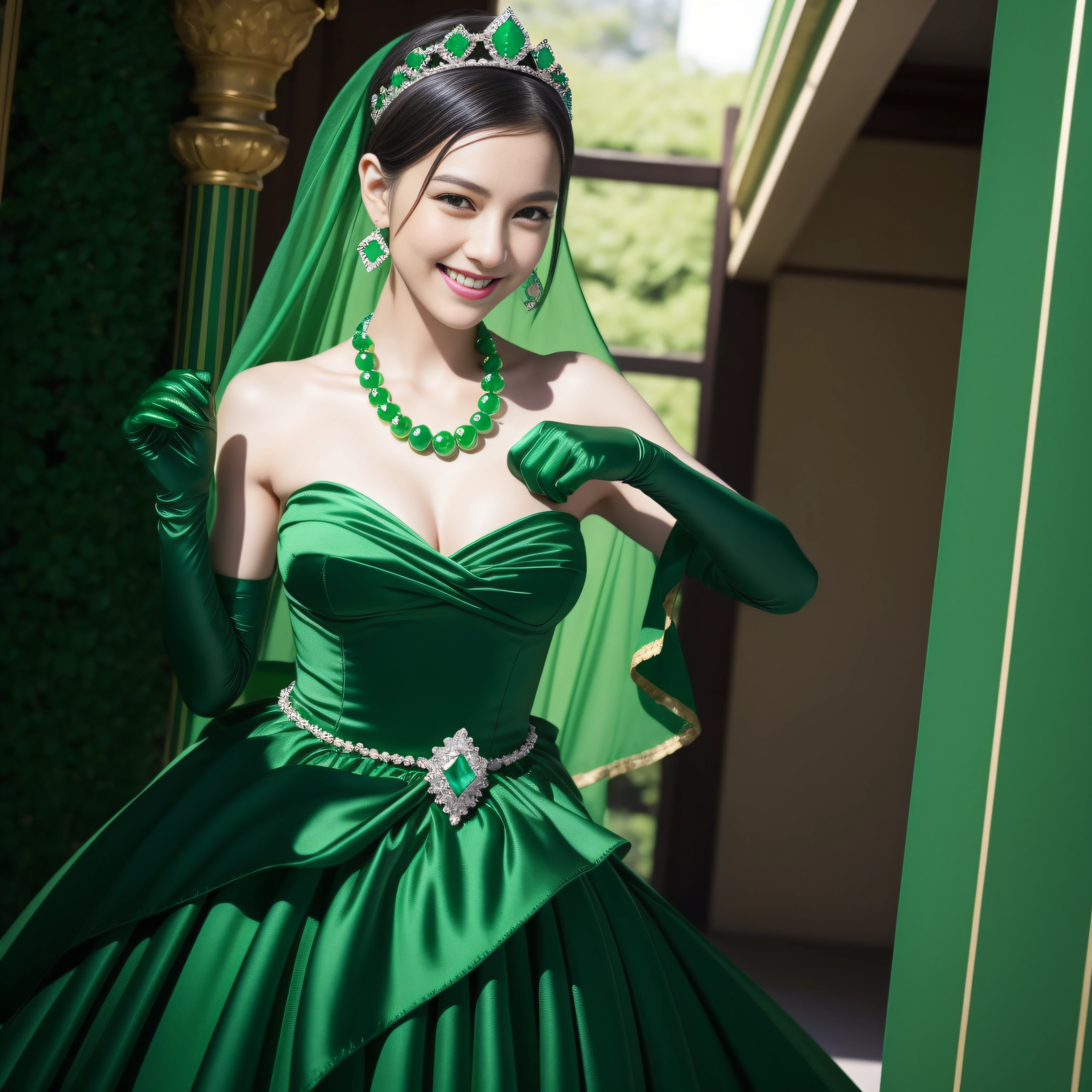 emerald tiara, Green Pearl Necklace, Boyish very short black hair, lipsticks, Japan woman smiling, very short short hair, big breasts beautiful, Green eyes, Long green gloves made of satin material, Green eyes, Emerald Earrings, Green dress