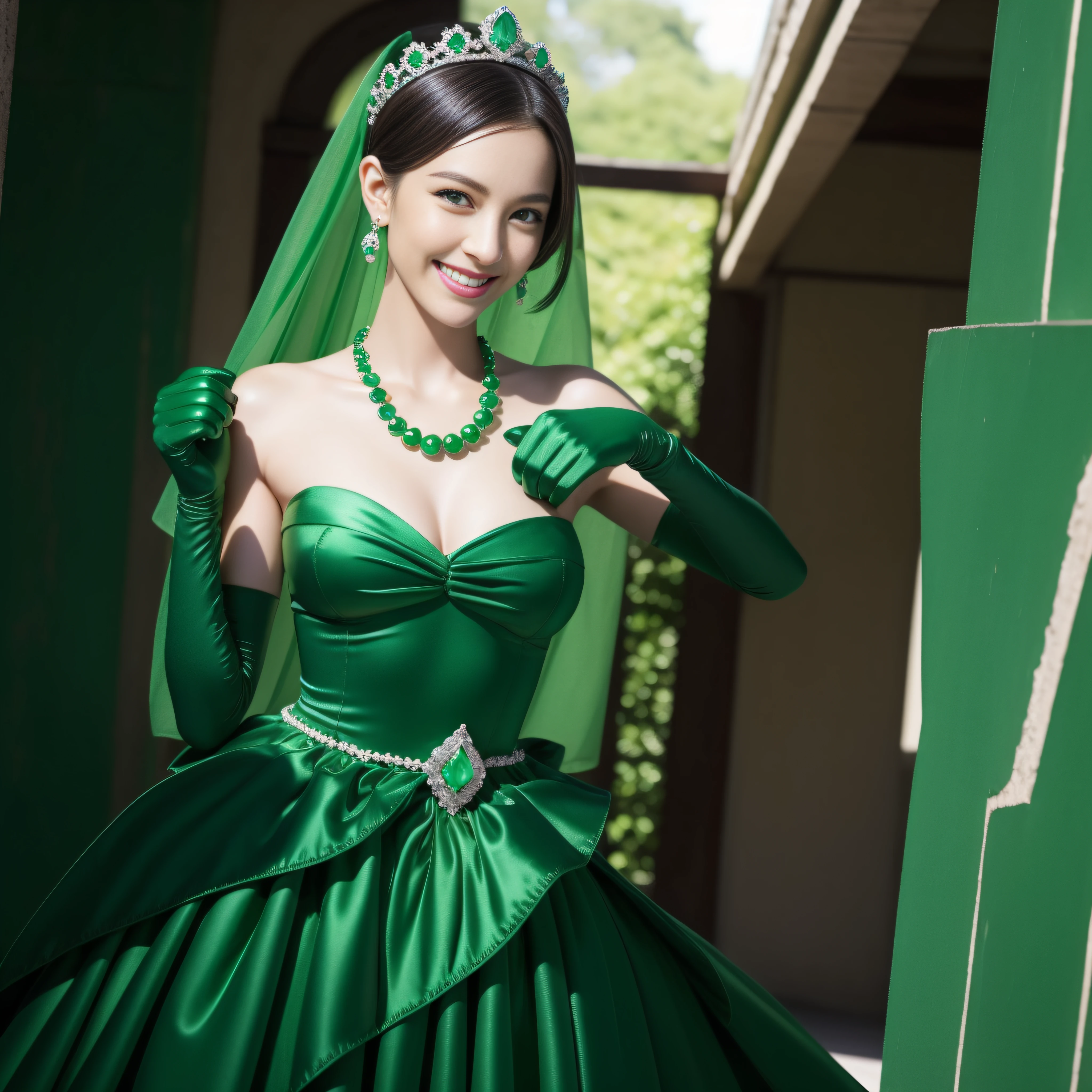 Beautiful Japan woman in her 30s, finger details, beautiful hands,emerald tiara, Green Pearl Necklace, Boyish green berry short hair, lipstick, smiling Japanese woman, very short hair, big breasts beautiful, green eyes, green satin long gloves, green eyes, emerald earrings, Green veil, v sign
