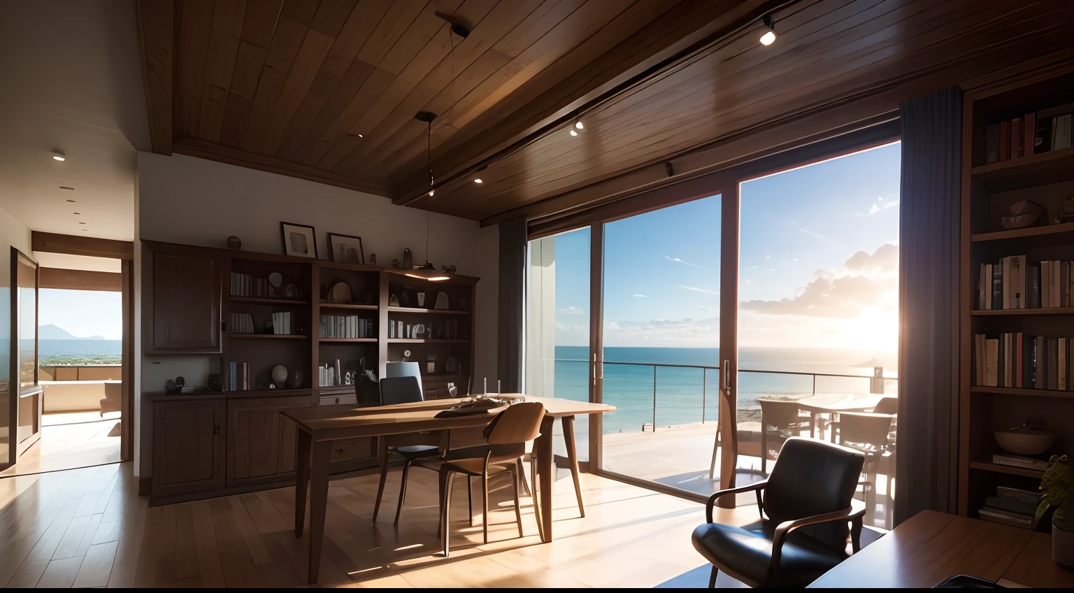 An interior of medieval inspiration and sophisticated at the same time, con paredes de piedra y vigas de madera a la vista, adornado con tapices y objetos antiguos, Floor-to-ceiling shelving in rich dark wood, exhibiting a vast collection of books, el aroma a pergamino envejecido llena el aire, A large glass and metal desk with a clean design, A modern ergonomic chair made of wood and leather, overlooking an inspiring view of the ocean and beach, A lively landscape through the window, a perfect blend of aesthetics, Cinematographer, objetivo gran angular (24 mm) para captar la grandeza del espacio y la amplia vista
