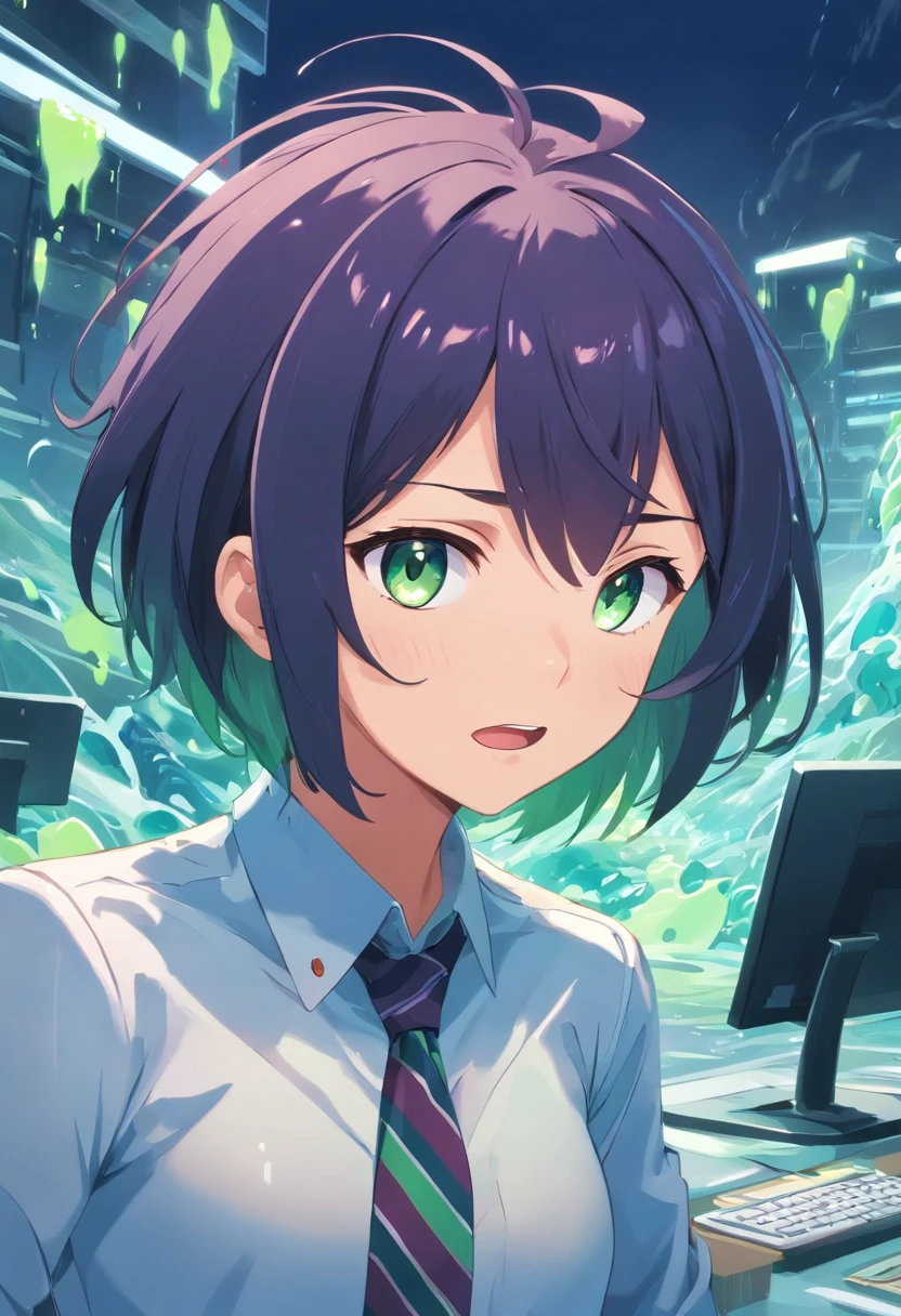 (slime girl, masculine face, short hair), {office background}, {{tie, shirt, business suit}}, horrified, {slime creature, lava slime, slime girl, slime transformation},