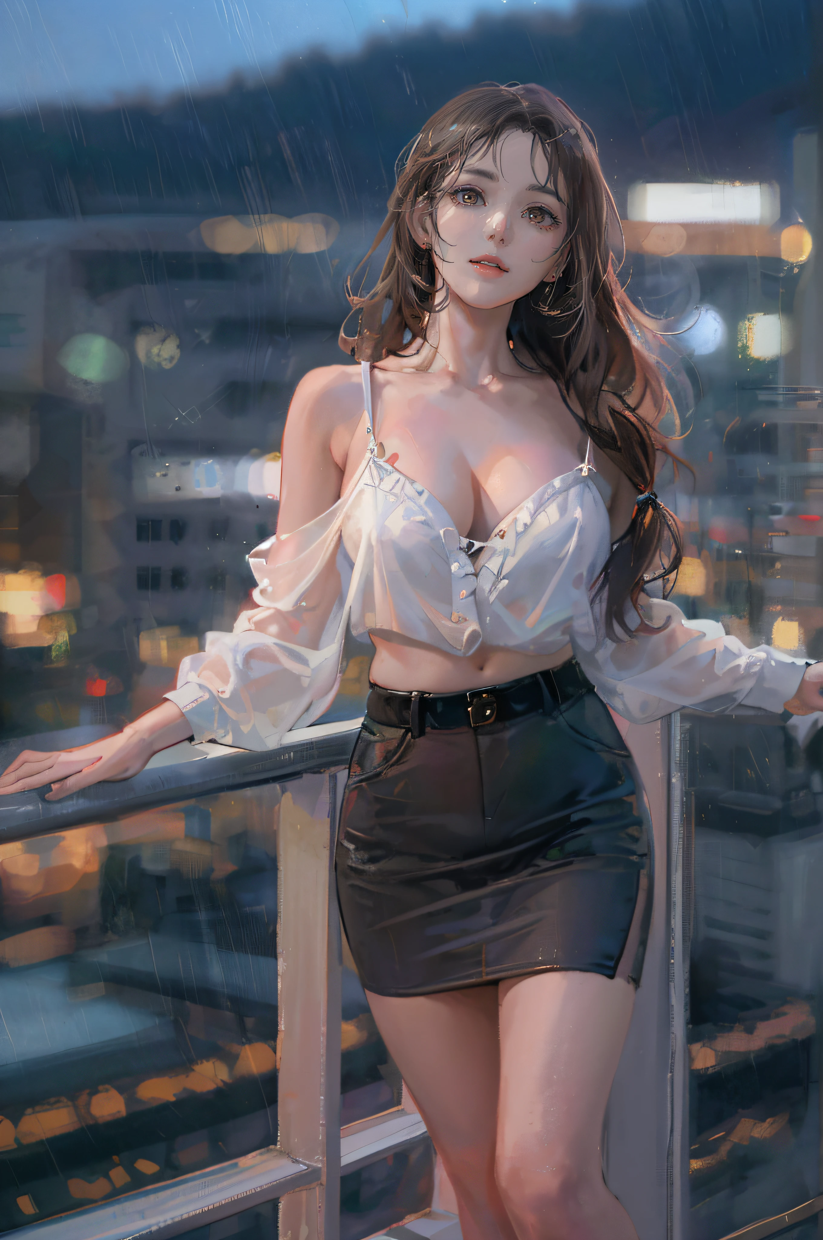 ((A beautiful and cute woman is standing on the terrace)), ((22-year-old beauty)), ((charming smile)), ((her long hair is blowing in the wind)), ((her miniskirt is It's waving in the wind)), (( You can see the cleavage of her plump bust from the blouse)), ((Gradient eyes)), ((The background is a night view of the city)), Attractive makeup, Single view, NFFSW , UHD, Retina, Masterpiece, Accurate, Anatomical, Scientifically Correct, Textured Skin, Super Detail, High Detail, High Quality, Award Winning, Top Quality, High Resolution, 1080P, HD, 4K, 8k, 16k