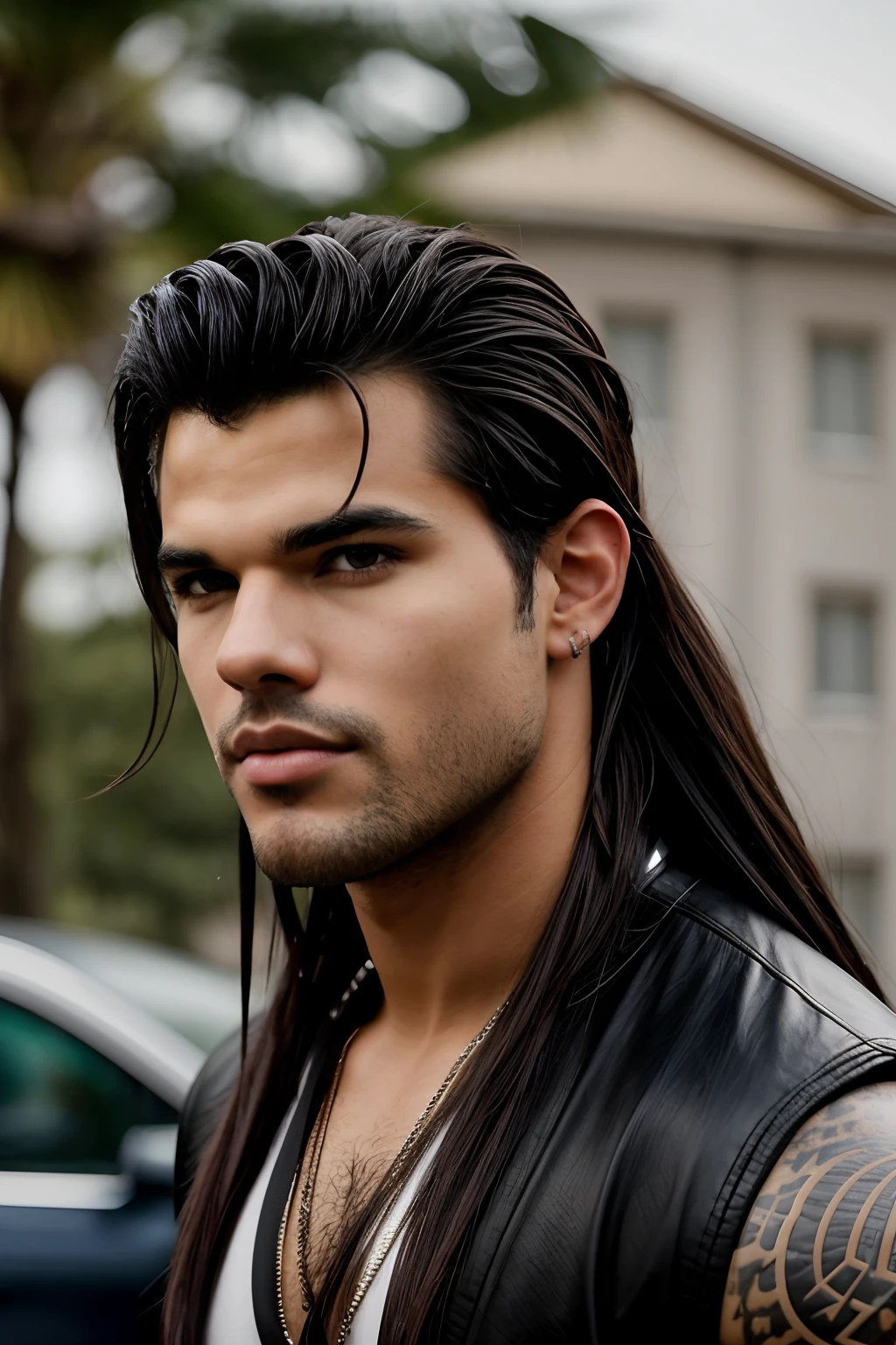 Homem jovem de cabelos compridos e colete de couro parado na frente de um carro, Foto de perfil, com longos cabelos escuros, longos cabelos escuros, com seus longos cabelos pretos, com longos cabelos pretos, cabelo preto longo detalhado, cabelo preto liso, cabelo preto longo em um rabo de cavalo, com cabelos longos, longos cabelos escuros, atraente cabelo longo, jovem com cabelo longo, Taylor Lautner 8k