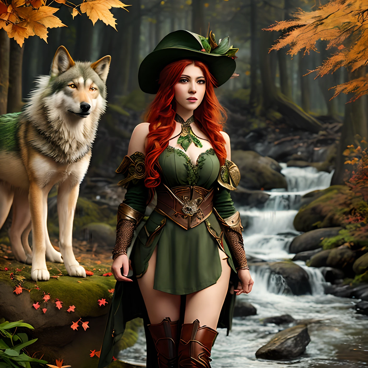 high details, best quality, 8k, [ultra detailed], masterpiece, best quality, (extremely detailed), dynamic angle, (ultra wide shot), RAW, photorealistic, fantasy art, dnd art, rpg art, realistic art, a wide angle picture of a female fae ranger and her pet wolf, warrior of nature, fighter of nature, full body, [[anatomically correct]]. dynamic position (1.5 intricate details, Masterpiece, best quality) talking to a wolf (1.6 intricate details, Masterpiece, best quality), by a small rustic home (1.5 intricate details, Masterpiece, best quality), a female wearing (medium length dark green dress) with thigh high leather boots and green hat (1.6 intricate details, Masterpiece, best quality), thick hair, long hair, auburn red hair, fair skin intense ((brown)) eyes, at small (rustic home) and a stream flowing nearby in the backgraound (1.6 intricate details, Masterpiece, best quality), dawn light, clouds (1.4 intricate details, Masterpiece, best quality), dynamic angle, (1.4 intricate details, Masterpiece, best quality) 3D rendering, high details, best quality, highres, ultra wide angle, celtic fantasy, (clovers), poison ivy, fae, wearing green tophat, pixie, fairy, celtic, celtic fantasy art, celtic fantasy, beautiful fairie, beautiful fairy, very beautiful fantasy art, Autumn, beautiful autumn spirit, fall season, (Dark colored roses), perfect creation, perfect art, highly detailed, detailed art, masterpiece, perfect creation, perfect art, (outlined iris), ((perfect eyes)),