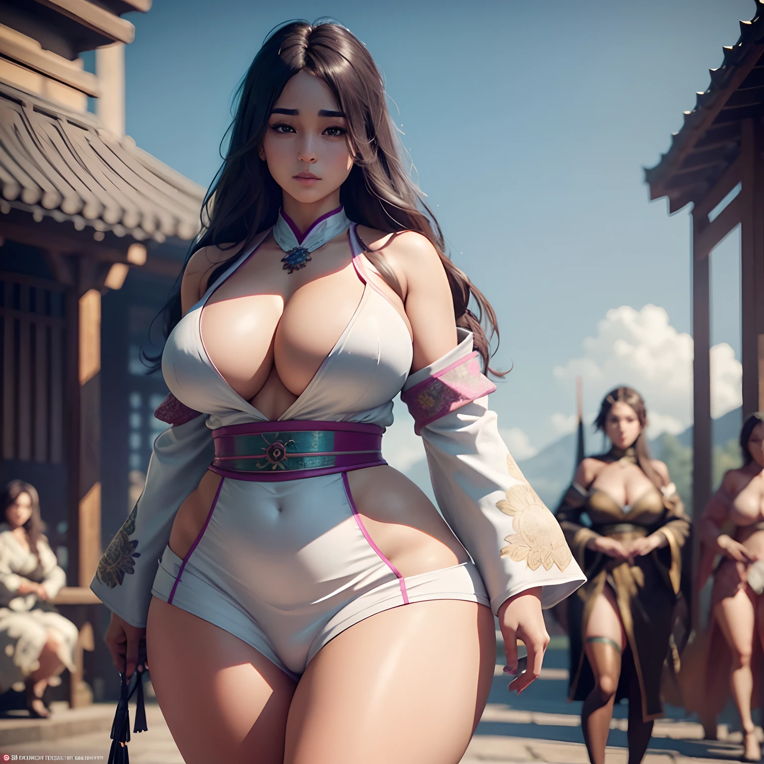 Mitsuri, Shiny unblemished skin, tight skimpy kimono, detailed background detailed outfit, highly detailed hyperrealism photorealistic unreal engine perfect composition perfect render perfect hands perfect fingers perfect breasts perfect shape thick thighs beautiful face realistic facial features perfect face perfect body, hourglass figure, super thick and curvy, fit, medium breasts intricately detailed outfit detailed facial features