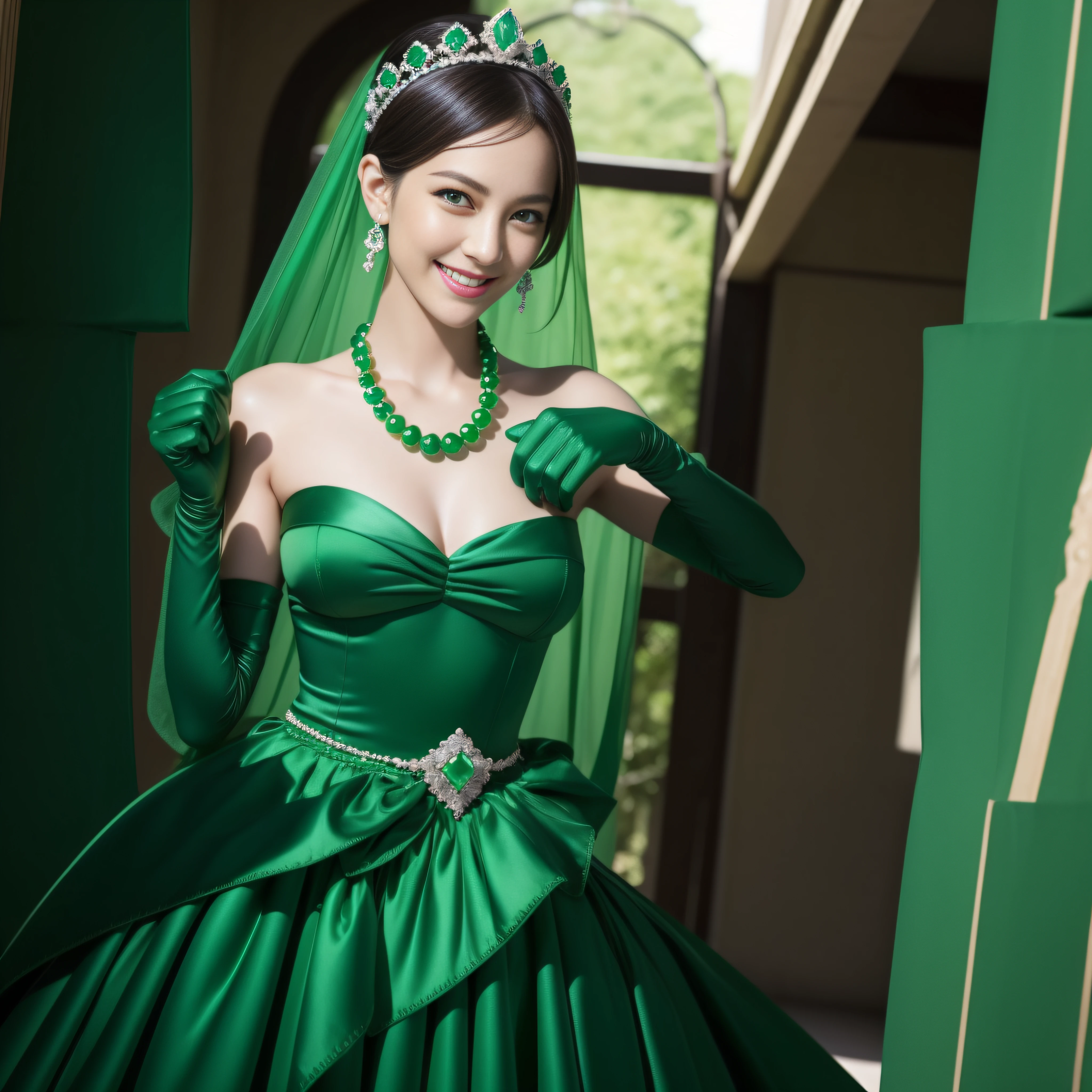 emerald tiara, Green Pearl Necklace, Boyish very short green hair, lipsticks, Japan woman smiling, very short short hair, fist, big breasts beautiful, Green eyes, Long green gloves made of satin material, Green eyes, Emerald Earrings