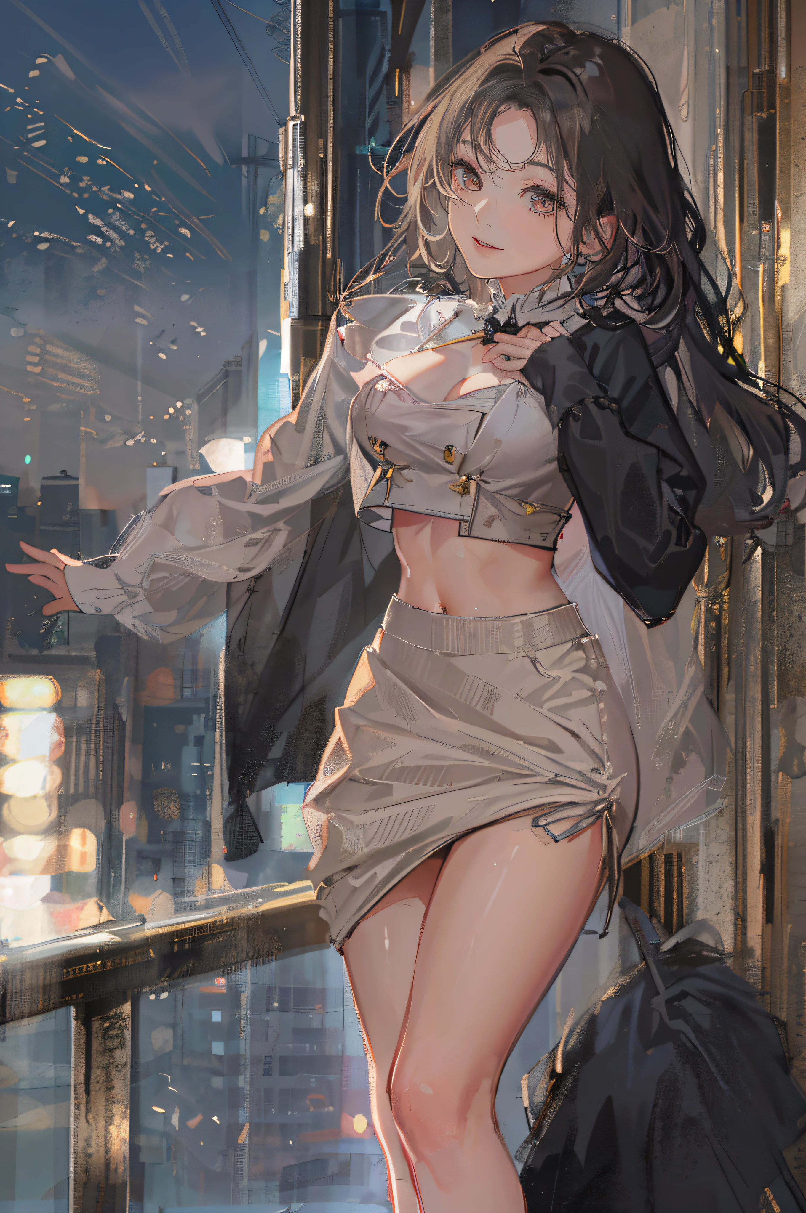 RAW photo, extremely delicate and beautiful, masterpiece, Best Quality, ultra high resolution, 16k, photorealistic, ultra detailed description, pale skin, in her 20s, whole body, medium tits, medium hair, black hair, tearful mole, earring, business suit, blazer, pencil skirt, collarbone, shirt, tie,