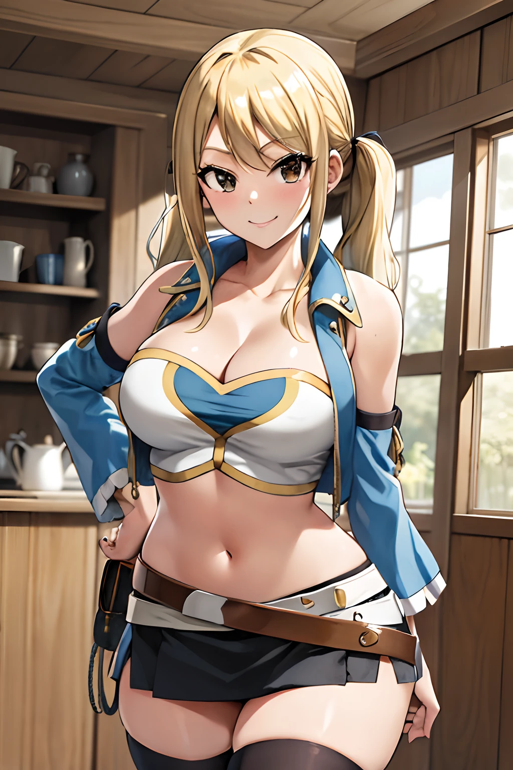 masterpiece, best quality, highres, lucy heartfilia, blonde hair, twintails, large breasts, black thighhighs, detached sleeves, midriff, cropped vest, strapless, belt, black skirt, cowboy shot, indoors, standing, smug smile, looking at viewer, bent over, arms behind back