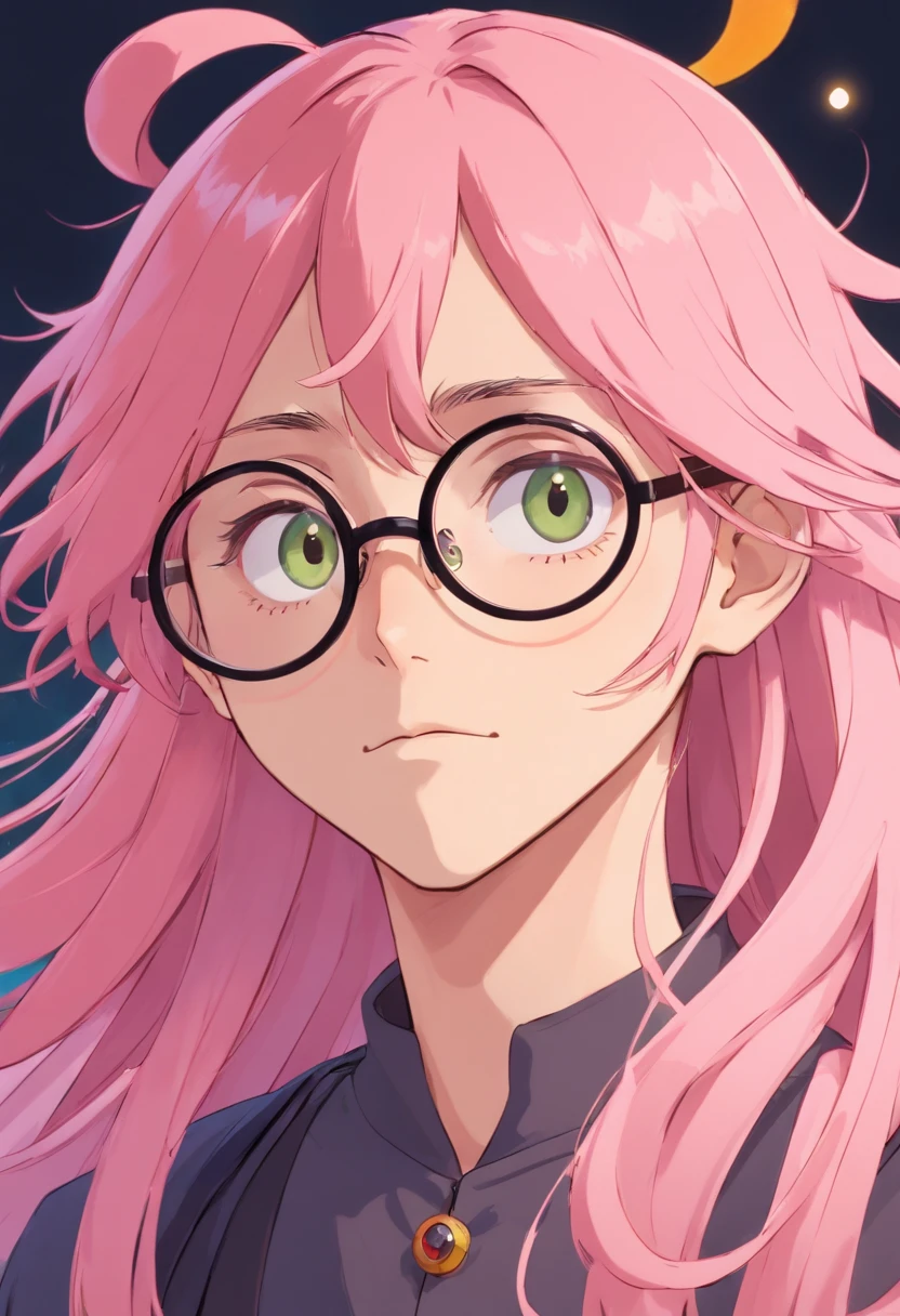 oung man with long pink hair, thin, goth, no beard and round glasses, olive skin