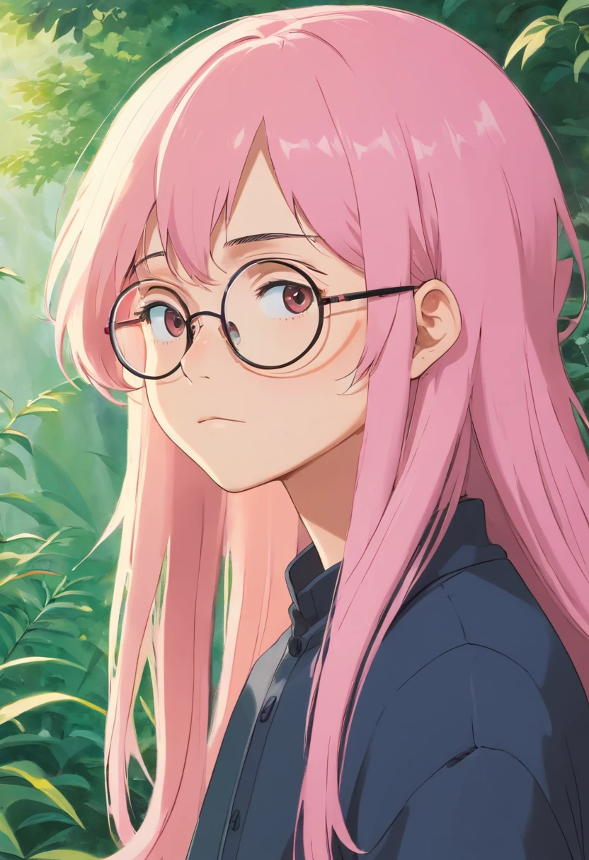oung man with long pink hair, thin, goth, no beard and round glasses, olive skin