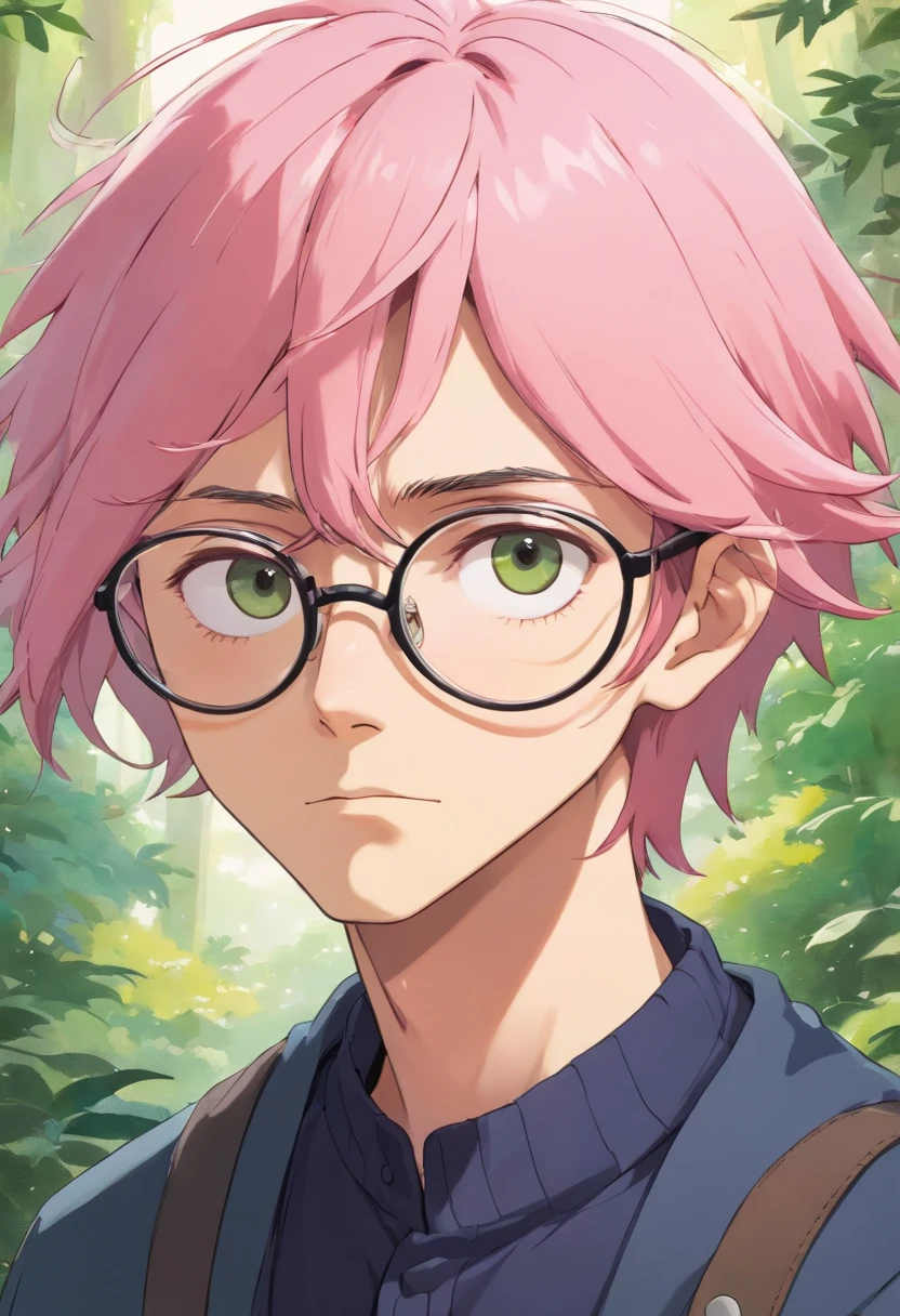 oung man with long pink hair, thin, goth, no beard and round glasses, olive skin