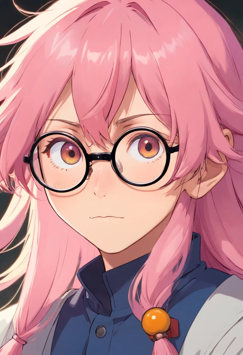 oung man with long pink hair, thin, goth, no beard and round glasses, olive skin