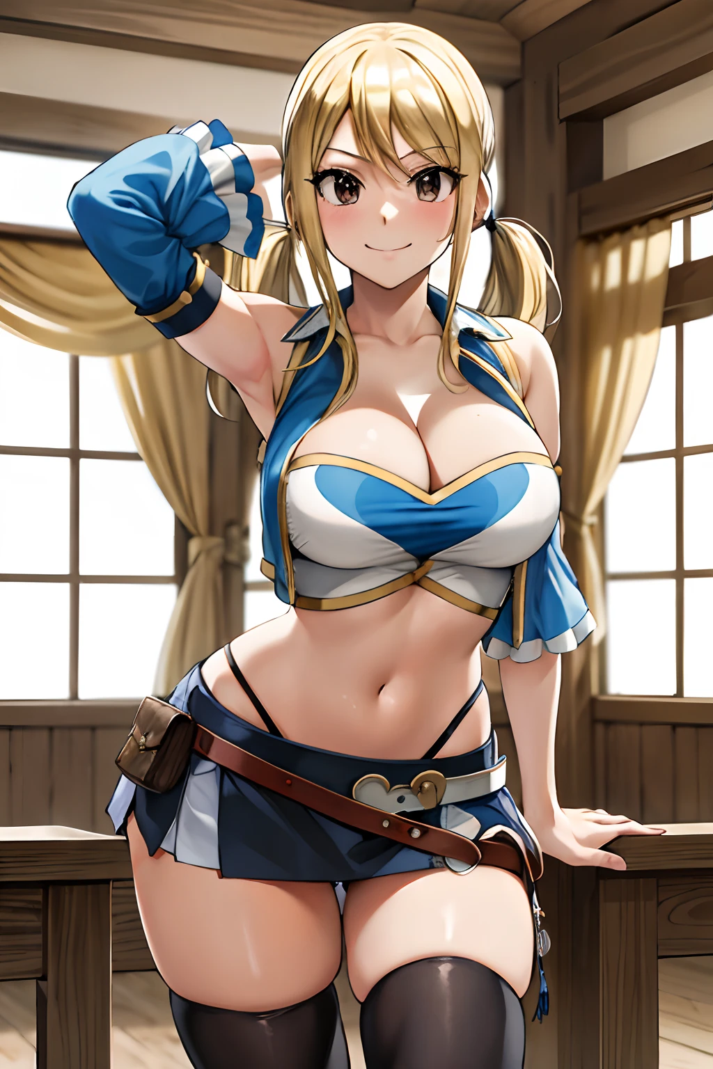 masterpiece, best quality, highres, lucy heartfilia, blonde hair, twintails, large breasts, black thighhighs, detached sleeves, midriff, cropped vest, strapless, belt, black skirt, cowboy shot, indoors, standing, smug smile, looking at viewer, bent over, arms behind back