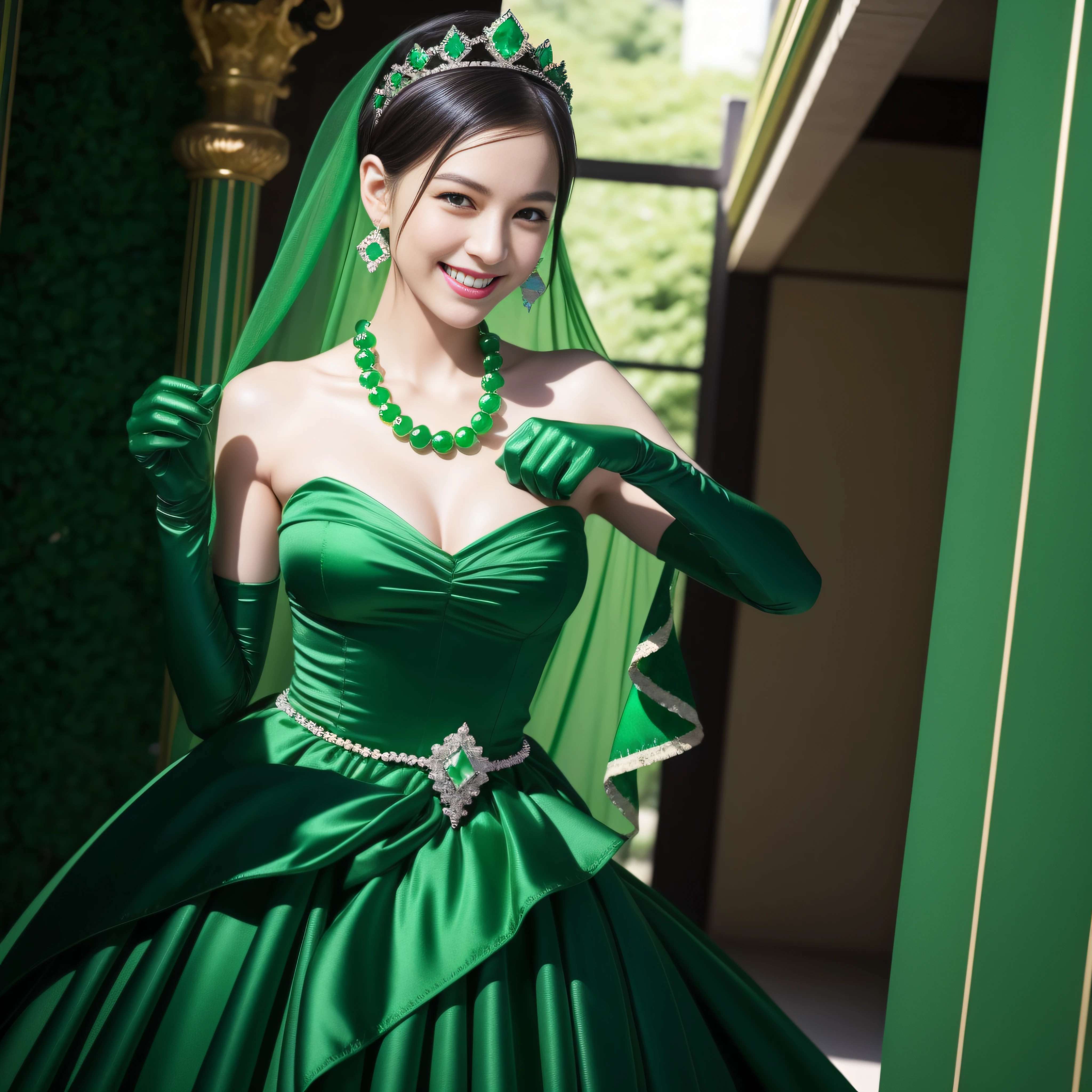 emerald tiara, Green Pearl Necklace, Boyish very short black hair, lipsticks, Japan woman smiling, very short short hair, big breasts beautiful, Green eyes, Long green gloves made of satin material, Green eyes, Emerald Earrings, Green dress