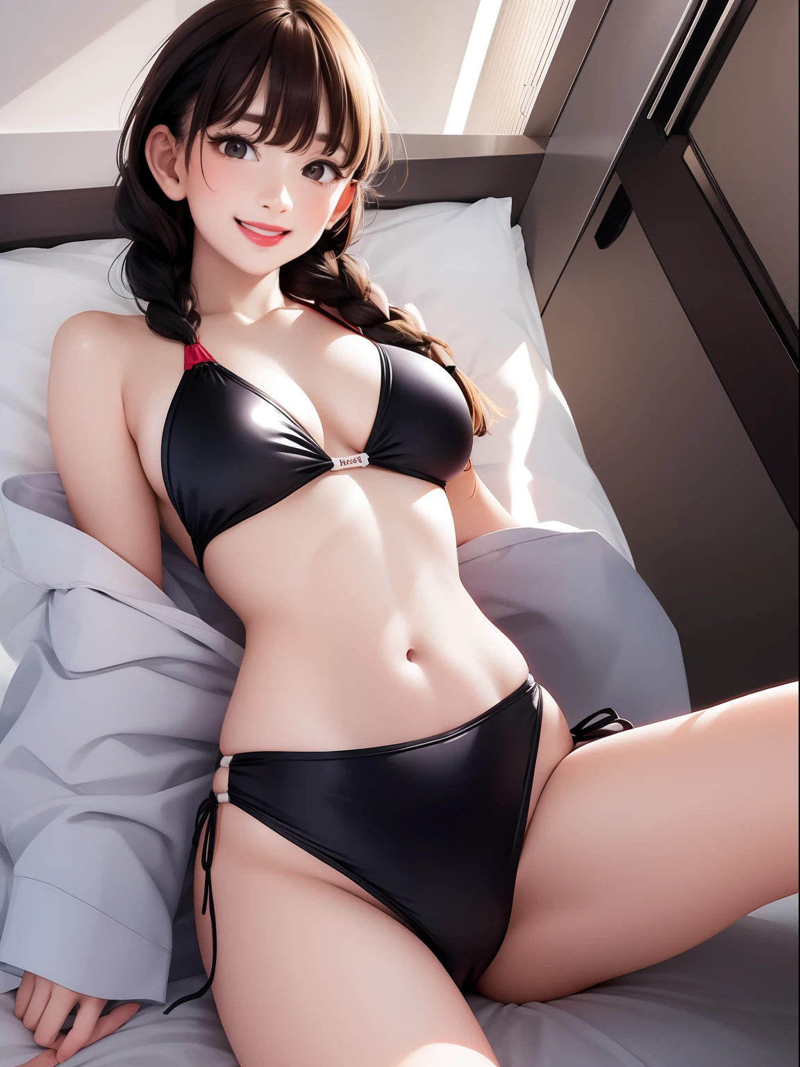 Spread legs、m-legs,Whole body、competition swim suit, onepiece swimsuit, Latex,Braids、red lipsticks、a miniskirt、Full smile、Lift the hem of the skirt、Hospital bed,irrumatio,