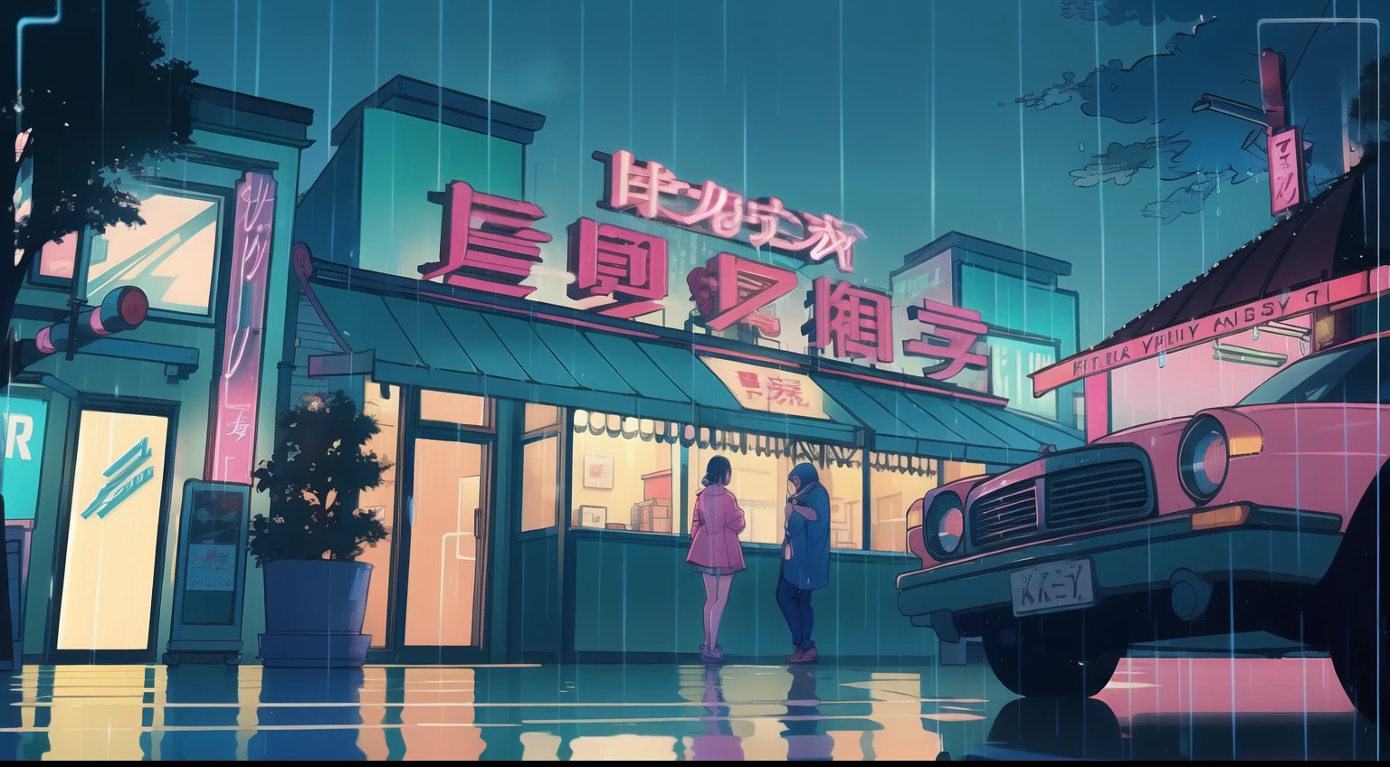 Rain-soaked street, Colorful umbrellas dot the cityscape with blue and pink splashes. Neon sign in retro style、Reflection of wet pavement, Establishment of the Lower Urban Symphony. Soft piano melodies set the mood, Evokes a calm and meditative atmosphere. a person々Flock to a cozy café, While the rain is dancing outside、Drink hot drinks, Turn the city into a serene lofi,motor bikes,A city scape,nighttime scene