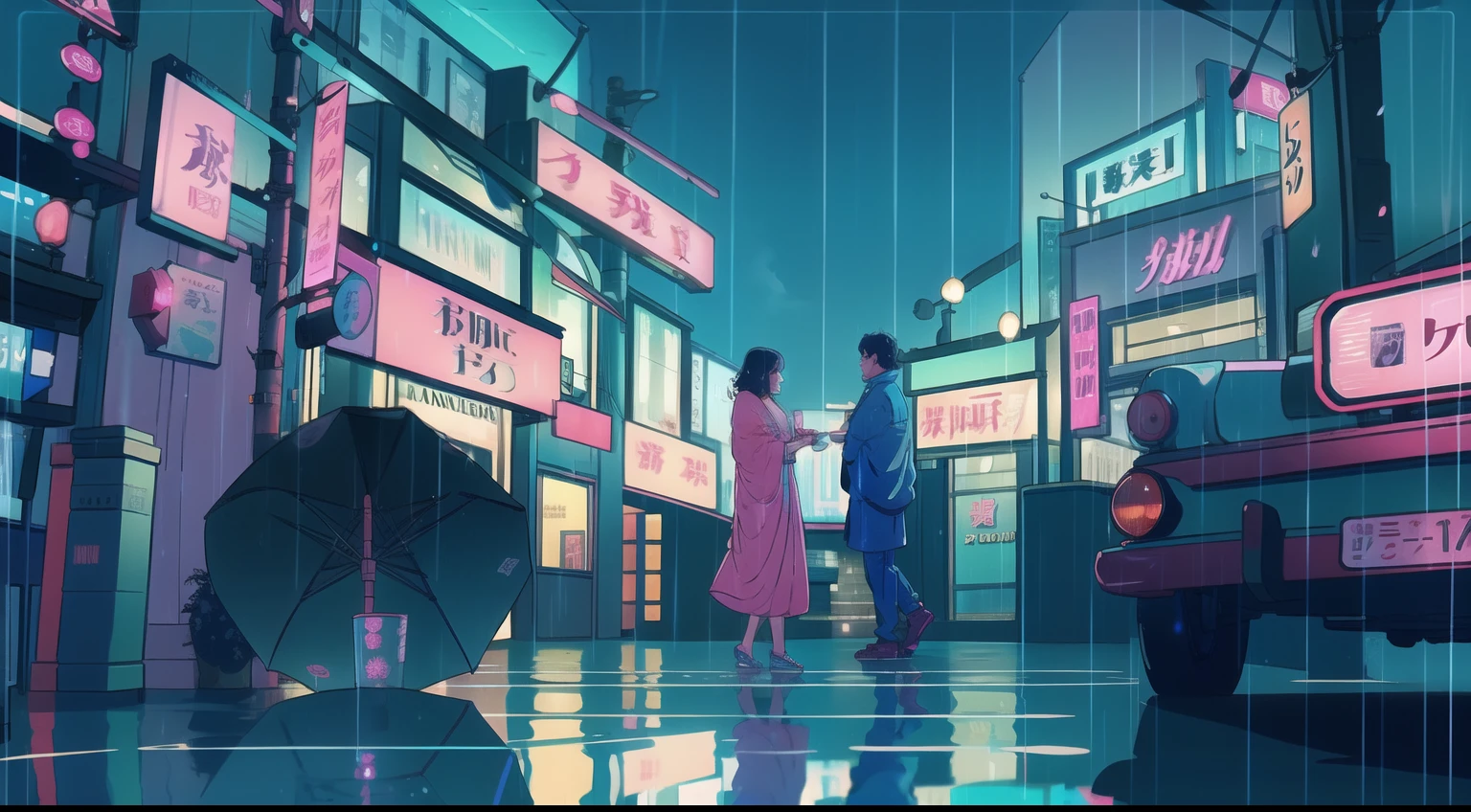 Rain-soaked street, Colorful umbrellas dot the cityscape with blue and pink splashes. Neon sign in retro style、Reflection of wet pavement, Establishment of the Lower Urban Symphony. Soft piano melodies set the mood, Evokes a calm and meditative atmosphere. a person々Flock to a cozy café, While the rain is dancing outside、Drink hot drinks, Turn the city into a serene lofi,motor bikes,A city scape,nighttime scene
