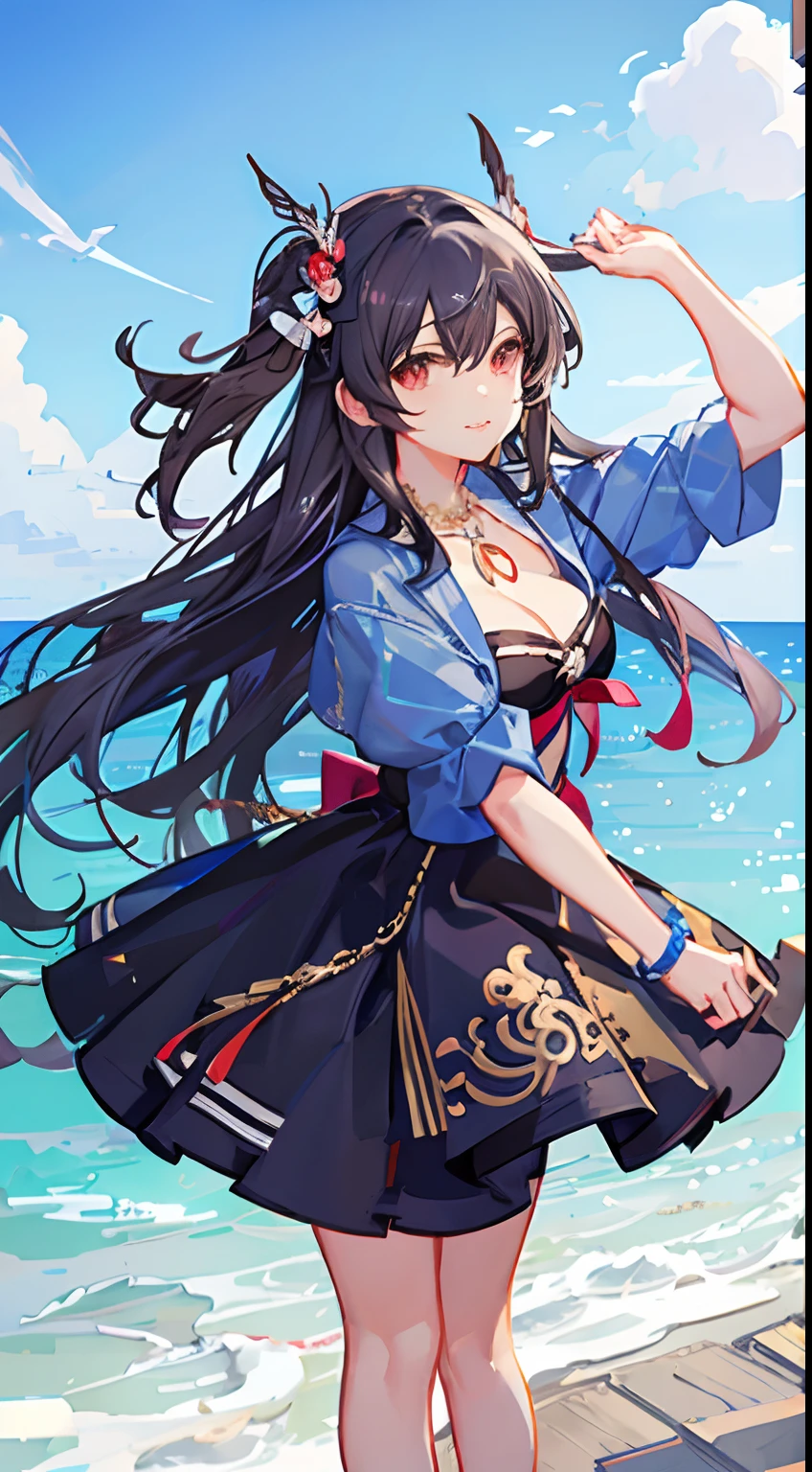 Best Quality, Mastery, detailed hairs, hight resolution, (((yunyun))) ,Necklace, Hair Ornament, (Beautiful face), Blue Dress, Looking at Viewer, Blue hair, Standing, （above on waist），jelly fish
